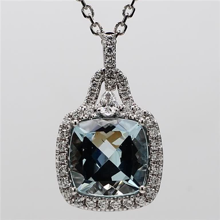 Natural Cushion Aqua-Marine and White Diamond 2.84 Carat TW White Gold Pendant
