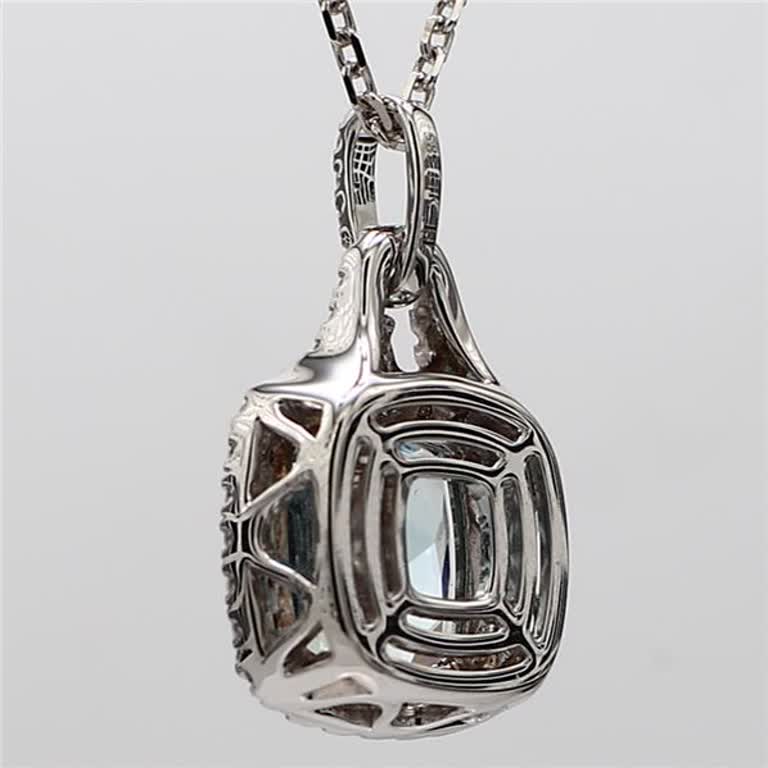 Natural Cushion Aqua-Marine and White Diamond 2.84 Carat TW White Gold Pendant