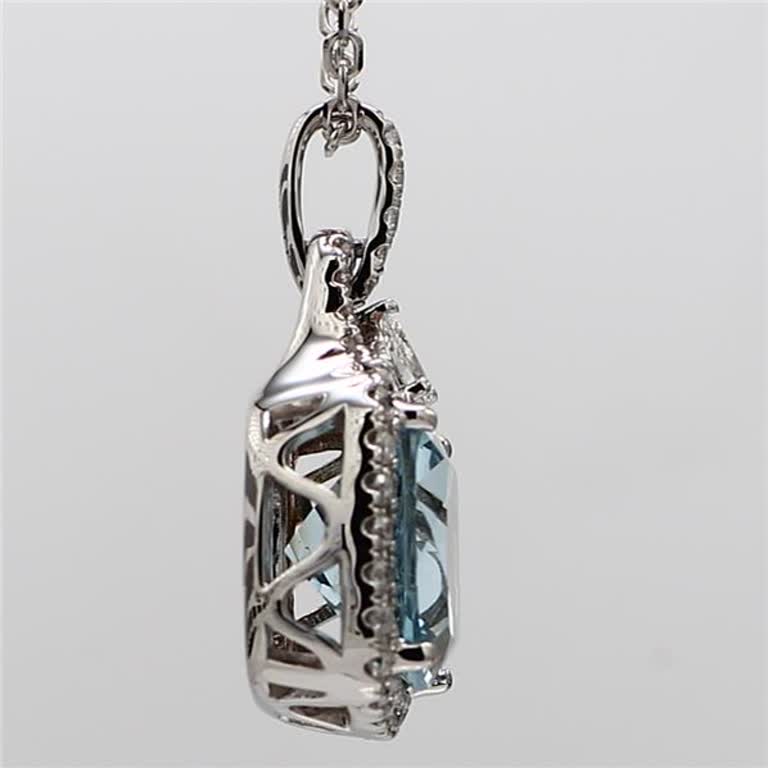 Natural Cushion Aqua-Marine and White Diamond 2.84 Carat TW White Gold Pendant