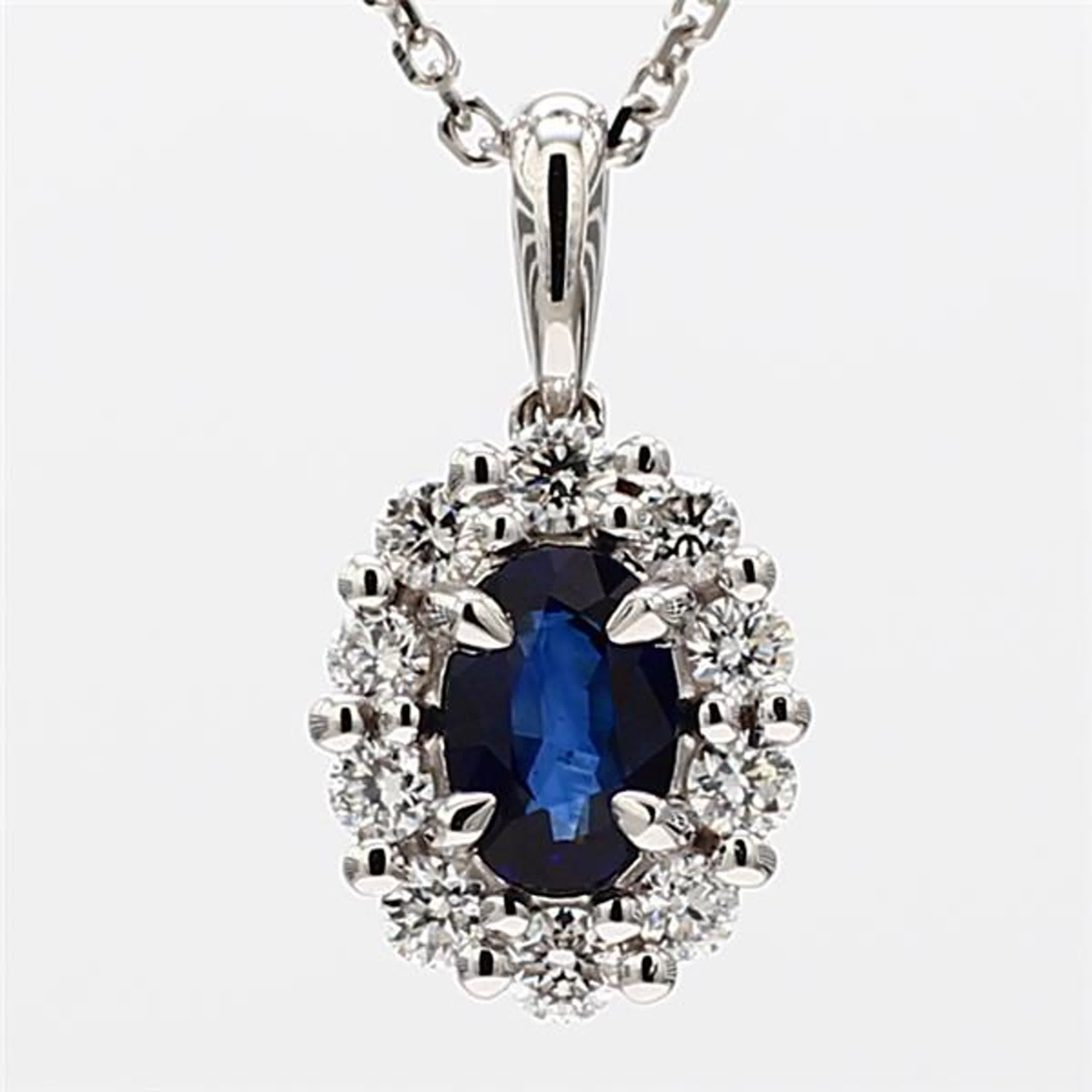 Natural Blue Oval Sapphire and White Diamond .99 Carat TW White Gold Pendant
