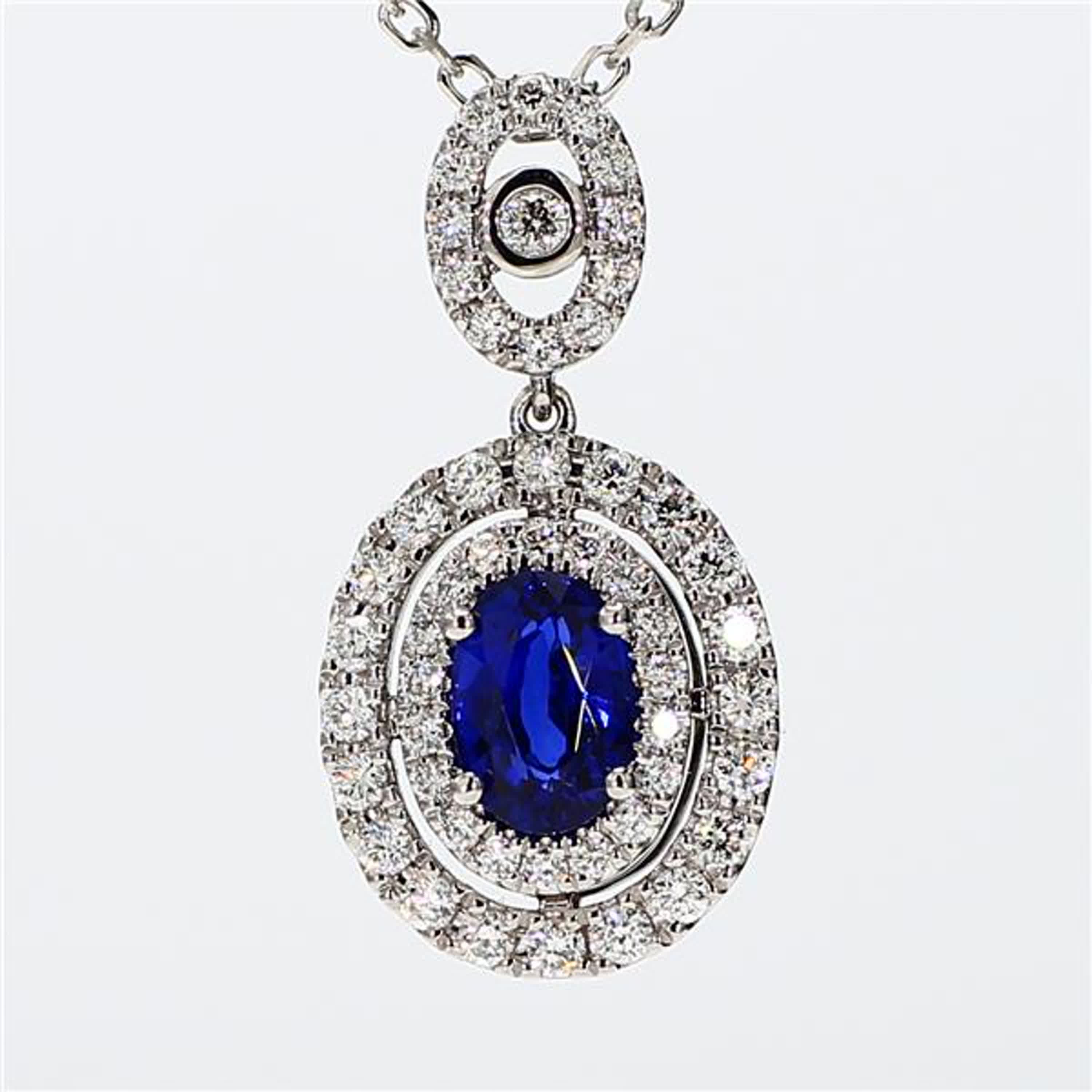 Natural Blue Oval Sapphire and White Diamond 1.73 Carat TW White Gold Pendant
