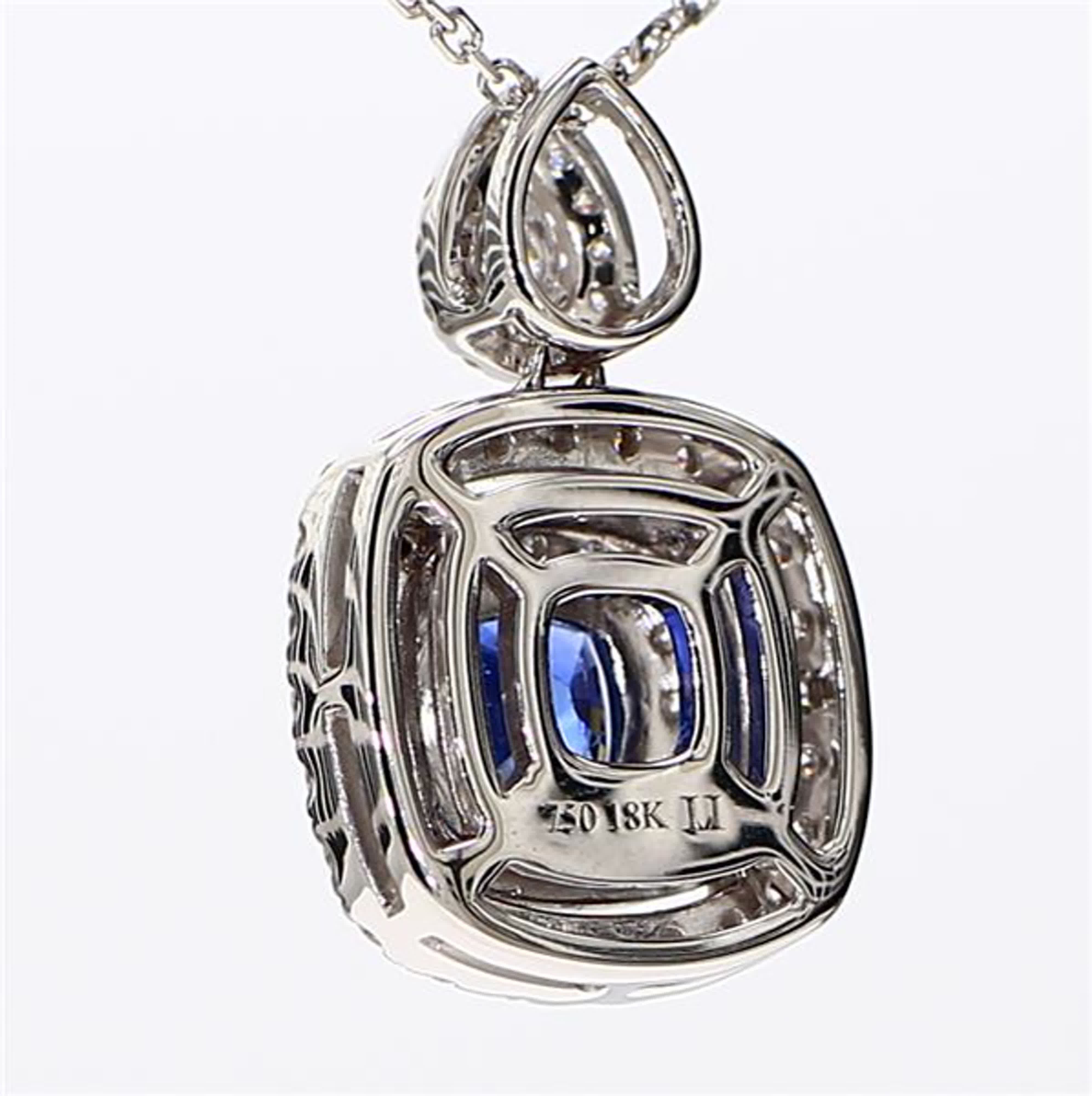 Natural Blue Cushion Sapphire and White Diamond 1.77 Carat TW White Gold Pendant