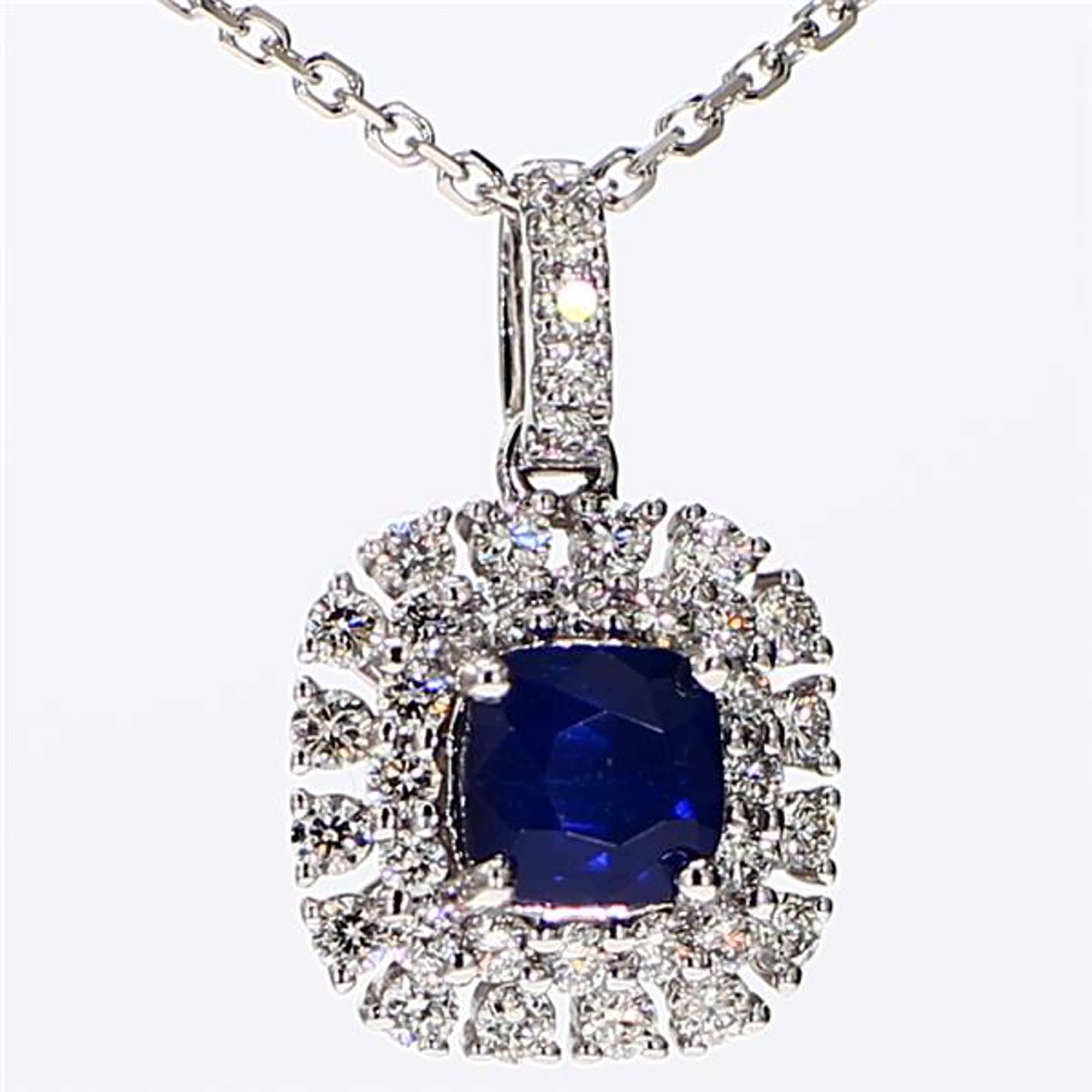 Natural Blue Cushion Sapphire and White Diamond 1.43 Carat TW White Gold Pendant