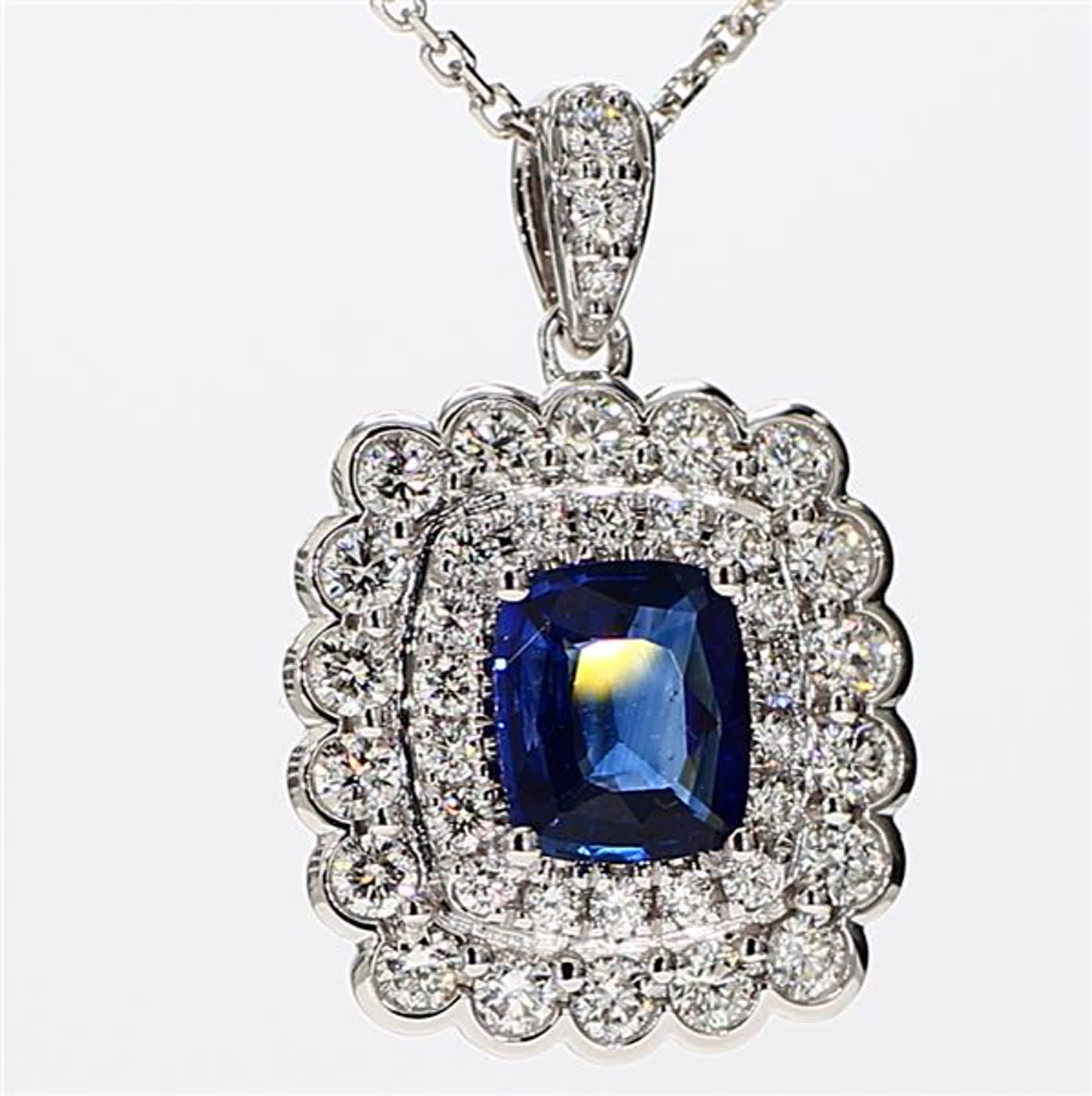 Natural Blue Cushion Sapphire and White Diamond 1.87 Carat TW White Gold Pendant