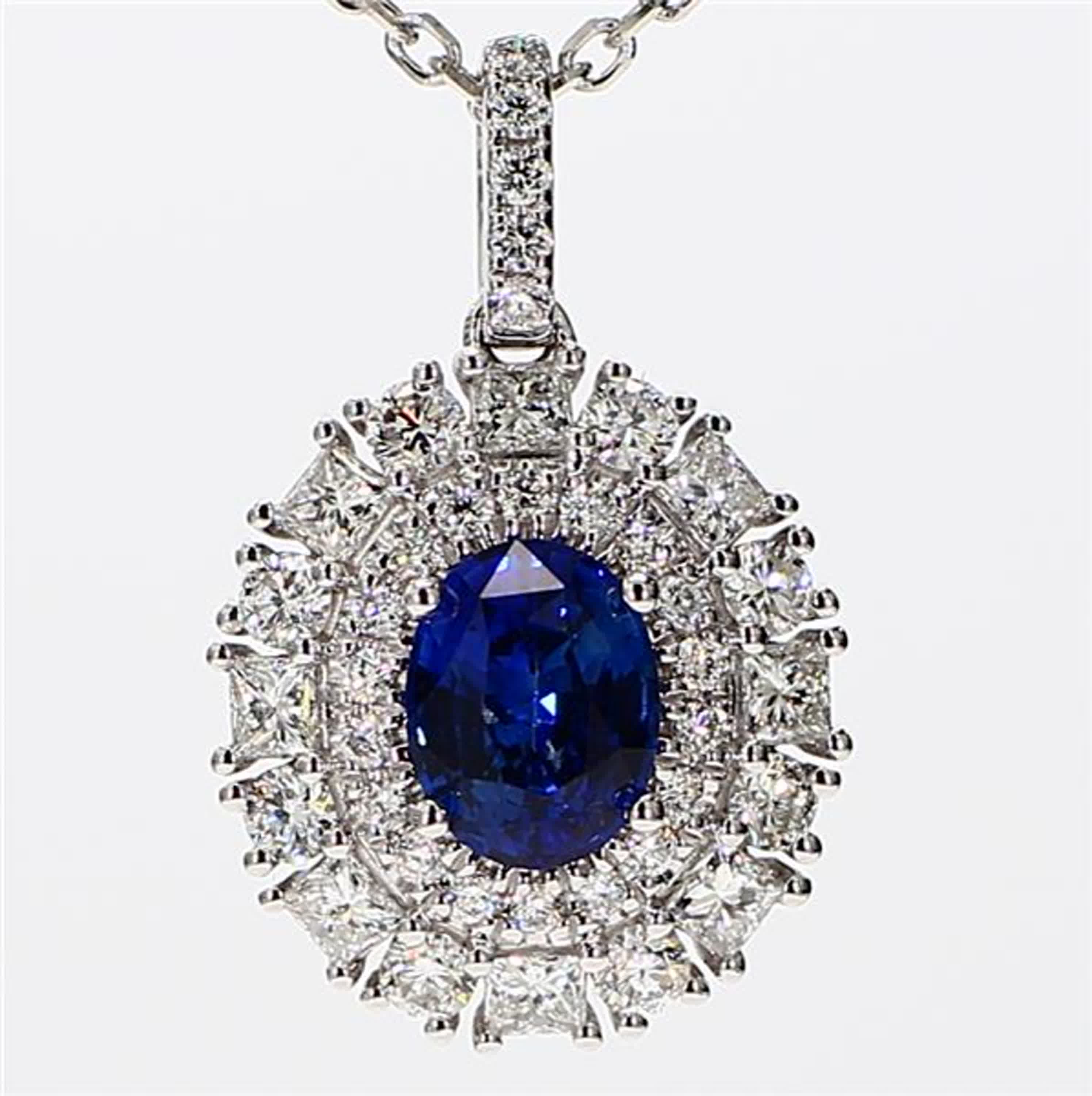 Natural Blue Oval Sapphire and White Diamond 2.11 Carat TW White Gold Pendant