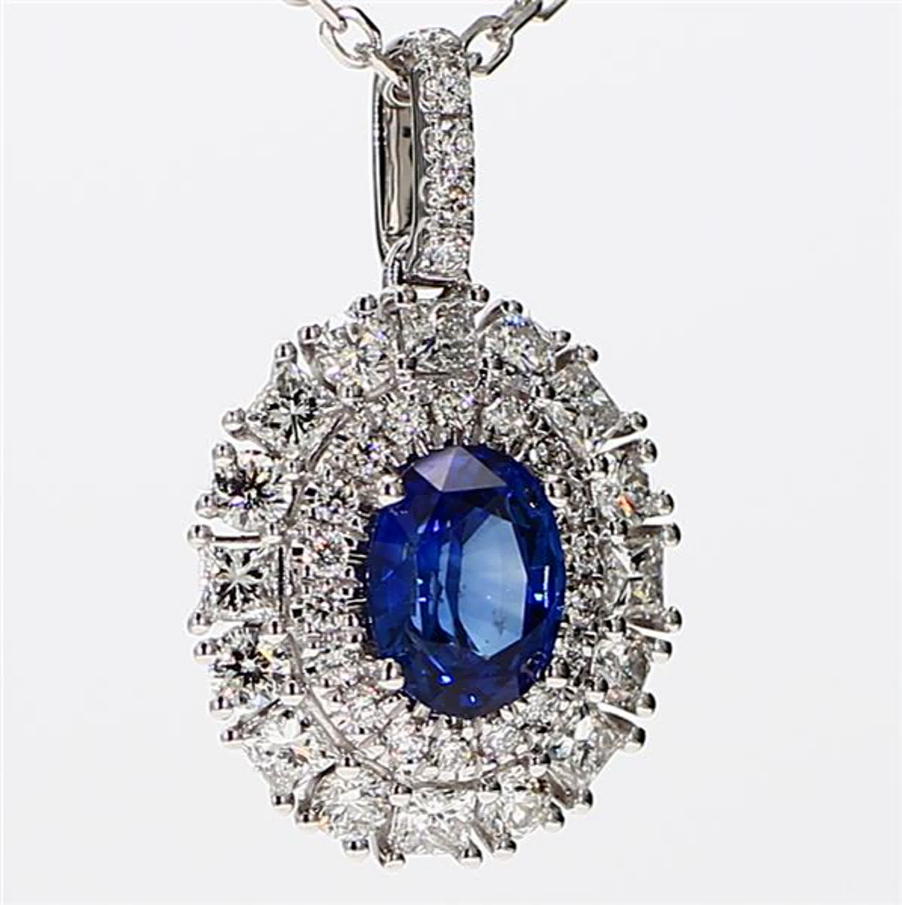 Natural Blue Oval Sapphire and White Diamond 2.11 Carat TW White Gold Pendant
