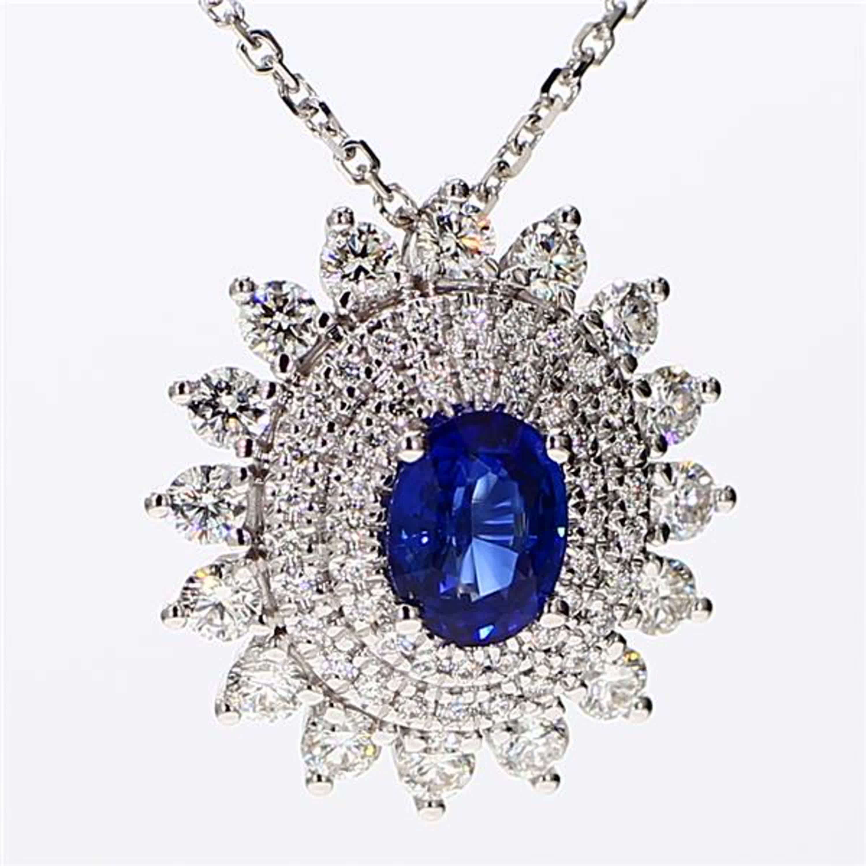 Natural Blue Oval Sapphire and White Diamond 1.96 Carat TW White Gold Pendant