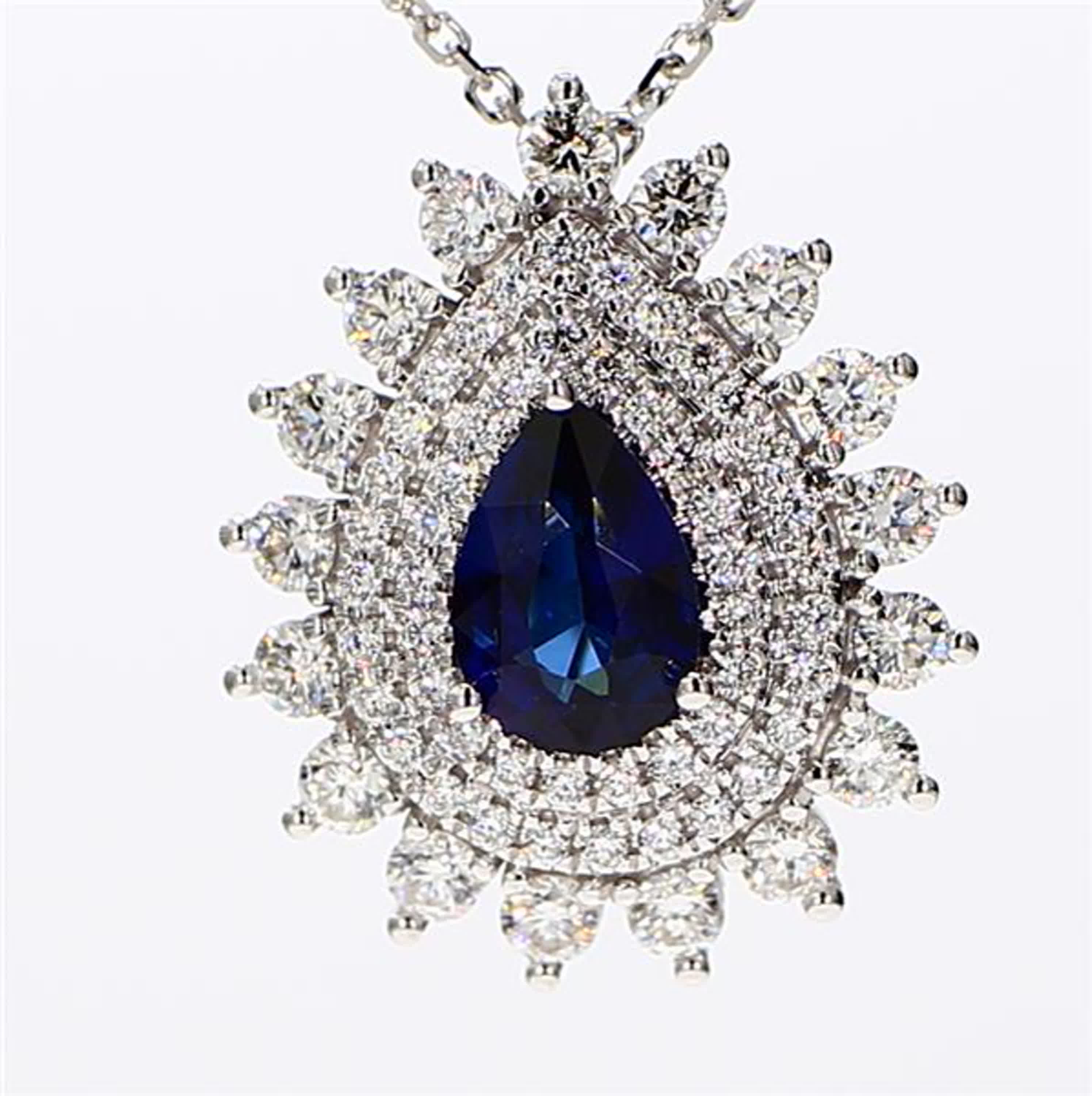 Natural Blue Pear Sapphire and White Diamond 2.09 Carat TW White Gold Pendant