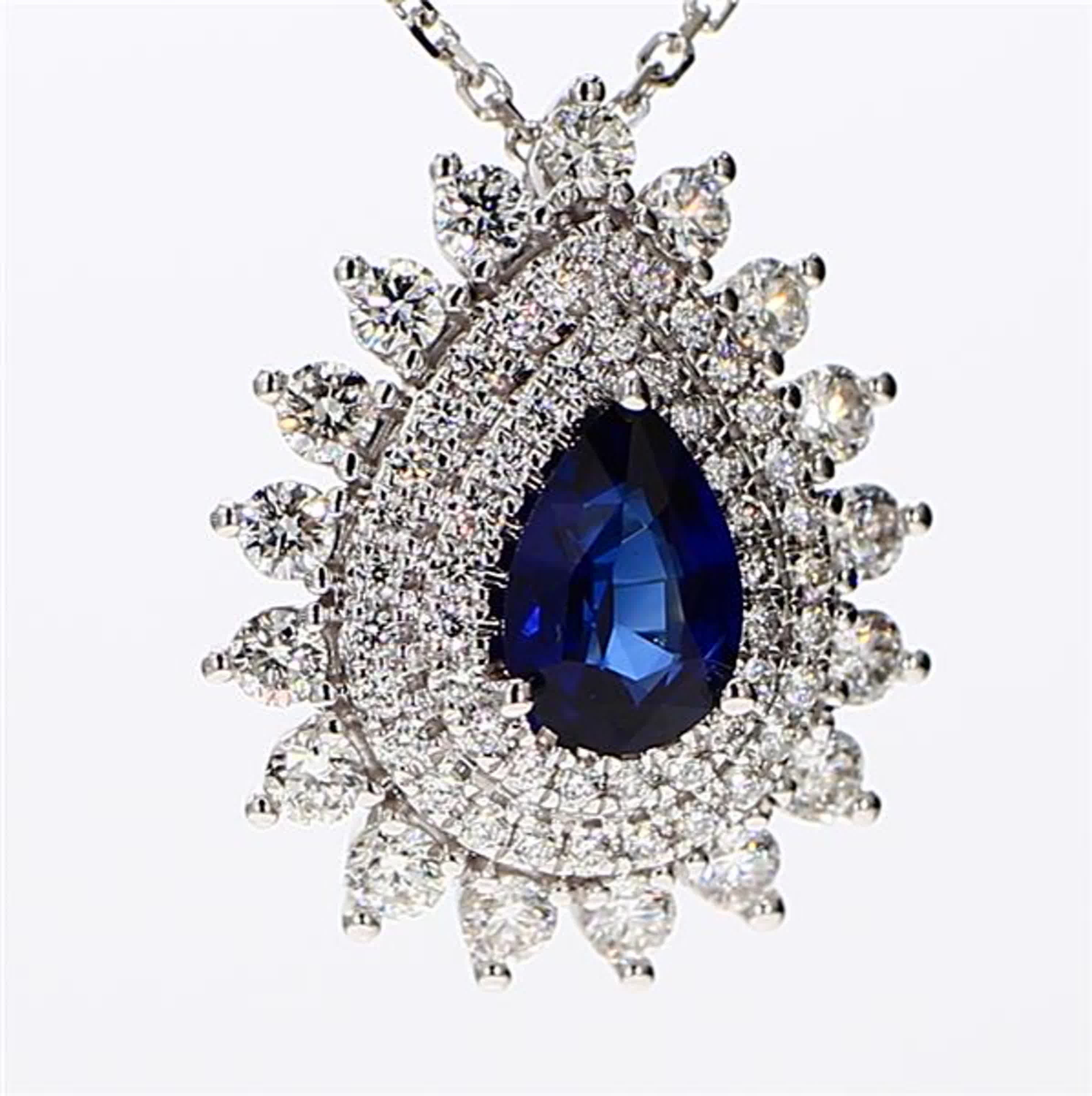 Natural Blue Pear Sapphire and White Diamond 2.09 Carat TW White Gold Pendant