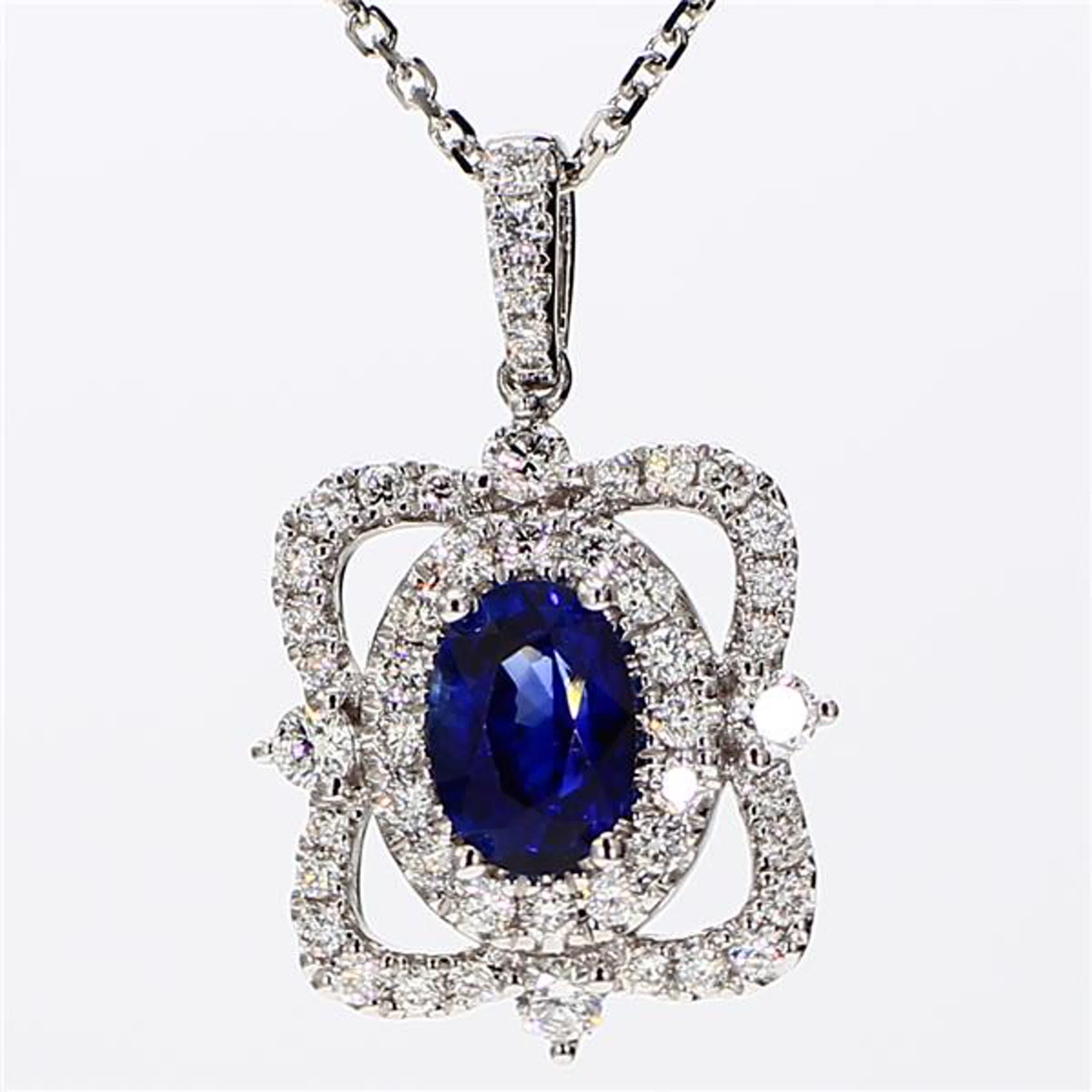 Natural Blue Oval Sapphire and White Diamond 1.64 Carat TW White Gold Pendant
