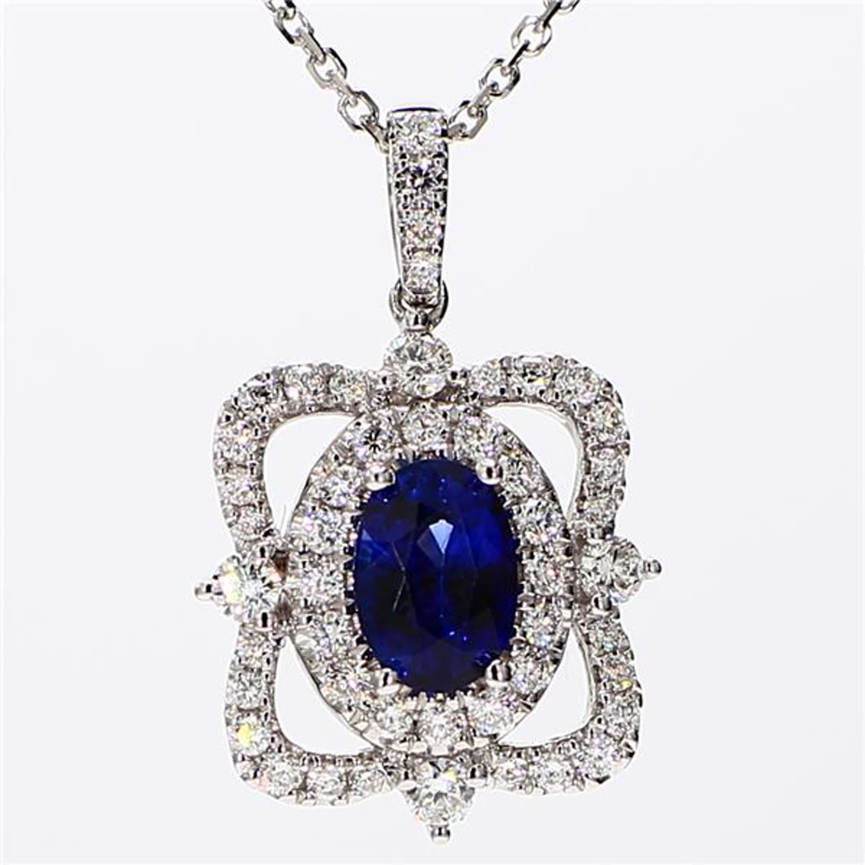 Natural Blue Oval Sapphire and White Diamond 1.64 Carat TW White Gold Pendant