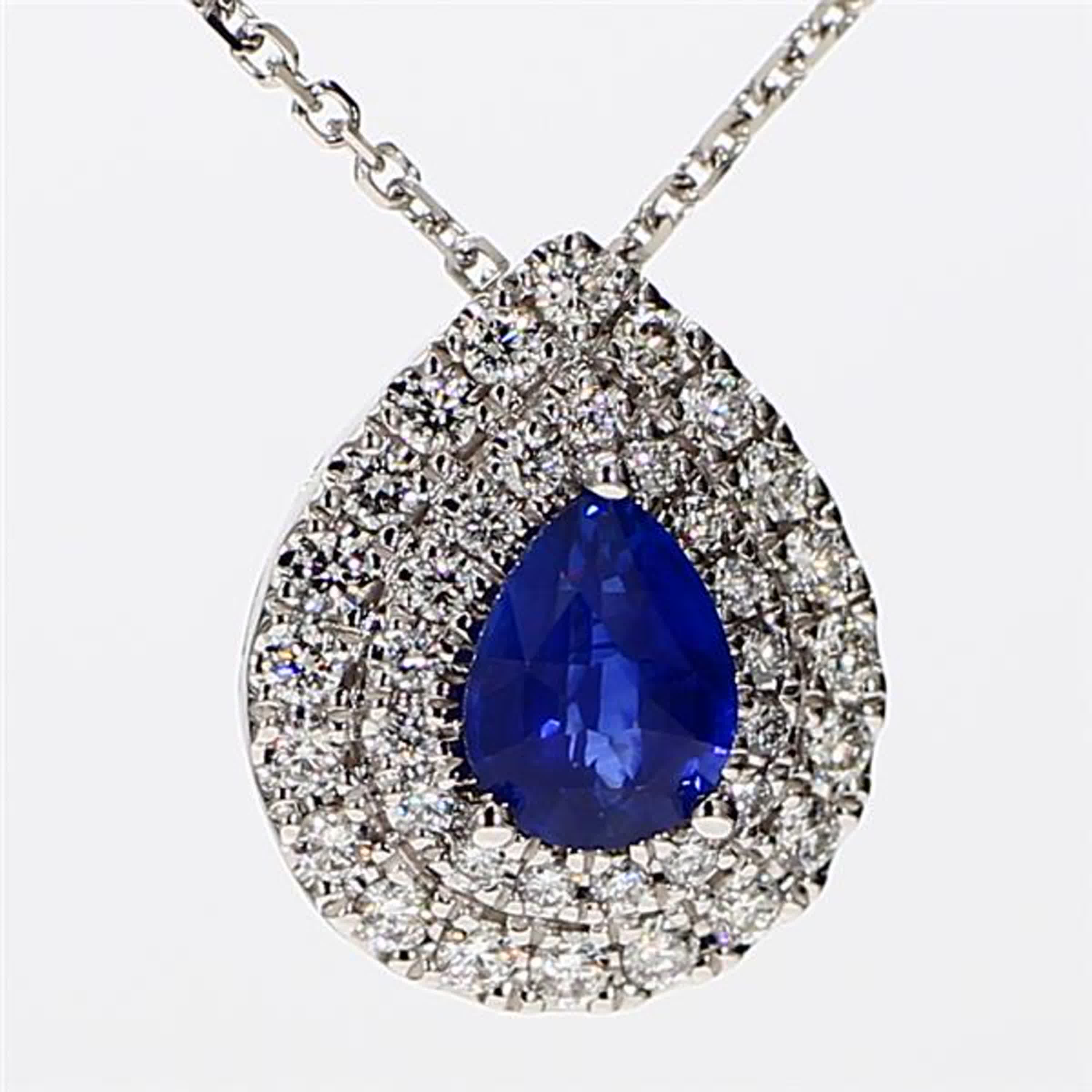 Natural Blue Pear Sapphire and White Diamond 1.40 Carat TW White Gold Pendant