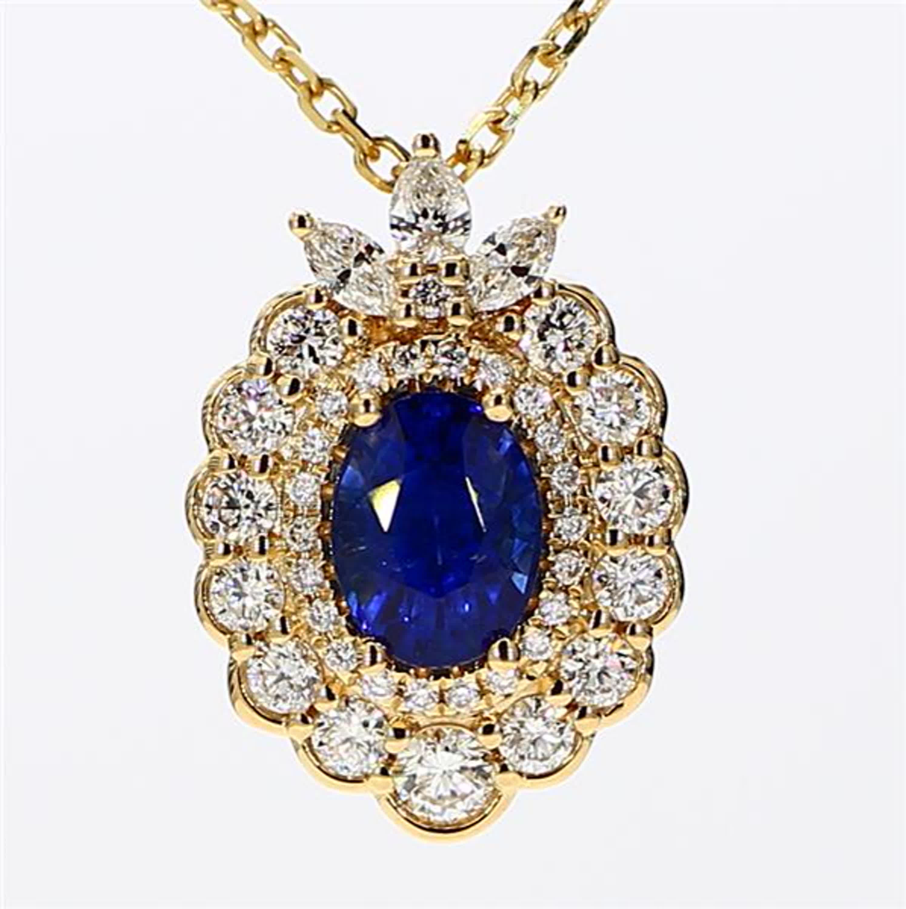 Natural Blue Oval Sapphire and White Diamond 2.09 Carat TW Yellow Gold Pendant