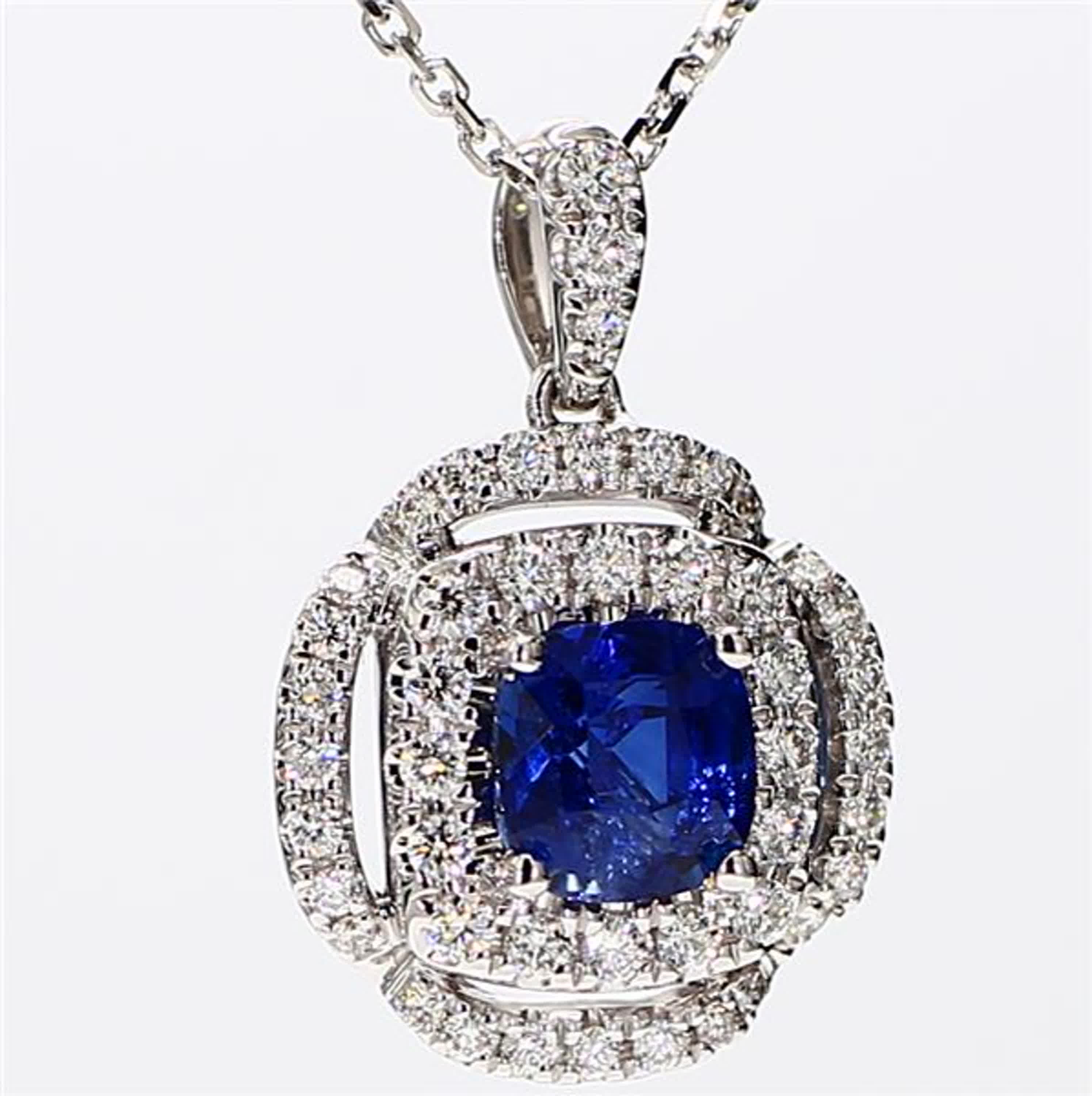 Natural Blue Cushion Sapphire and White Diamond 1.96 Carat TW White Gold Pendant