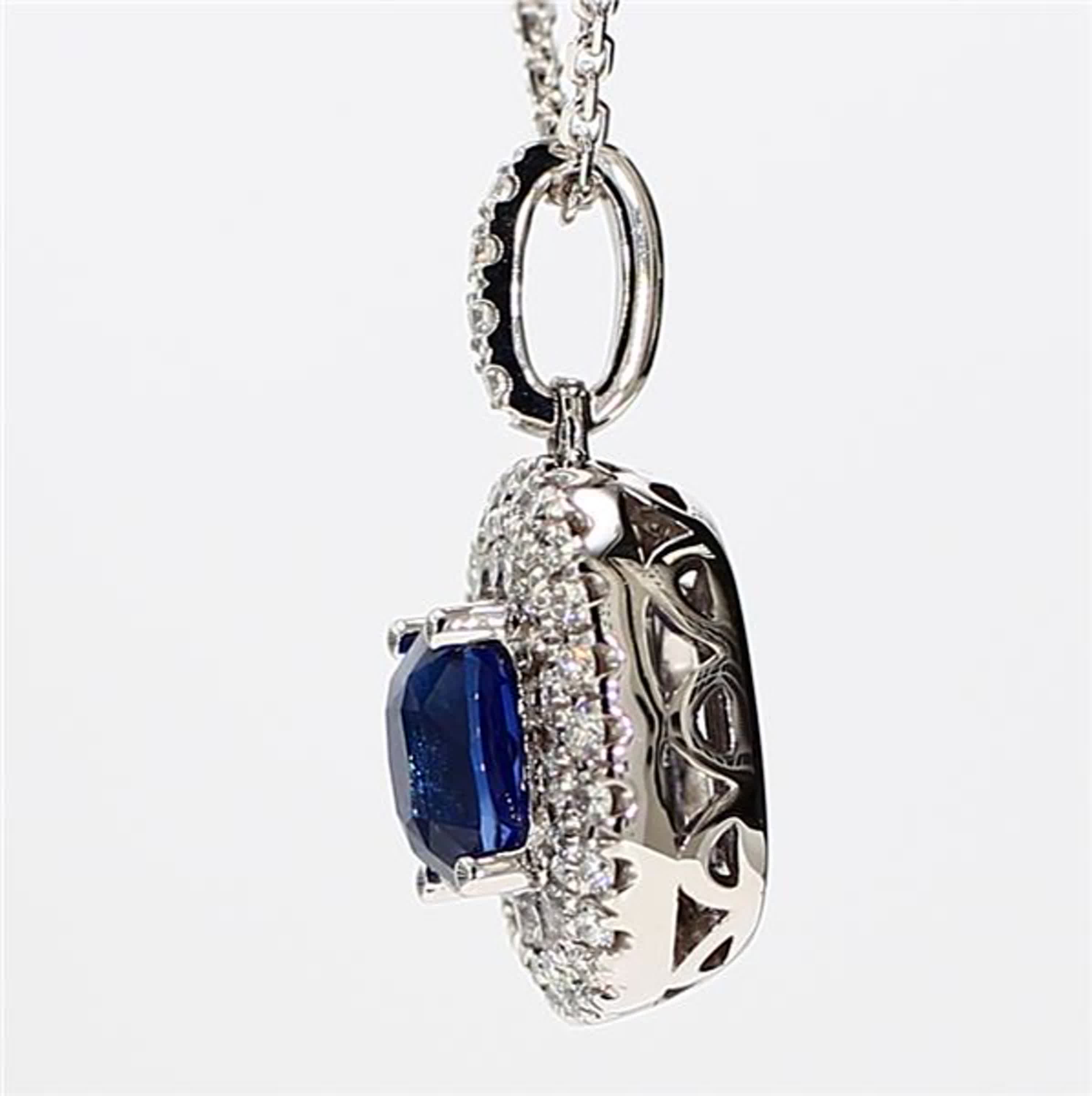 Natural Blue Cushion Sapphire and White Diamond 1.53 Carat TW White Gold Pendant
