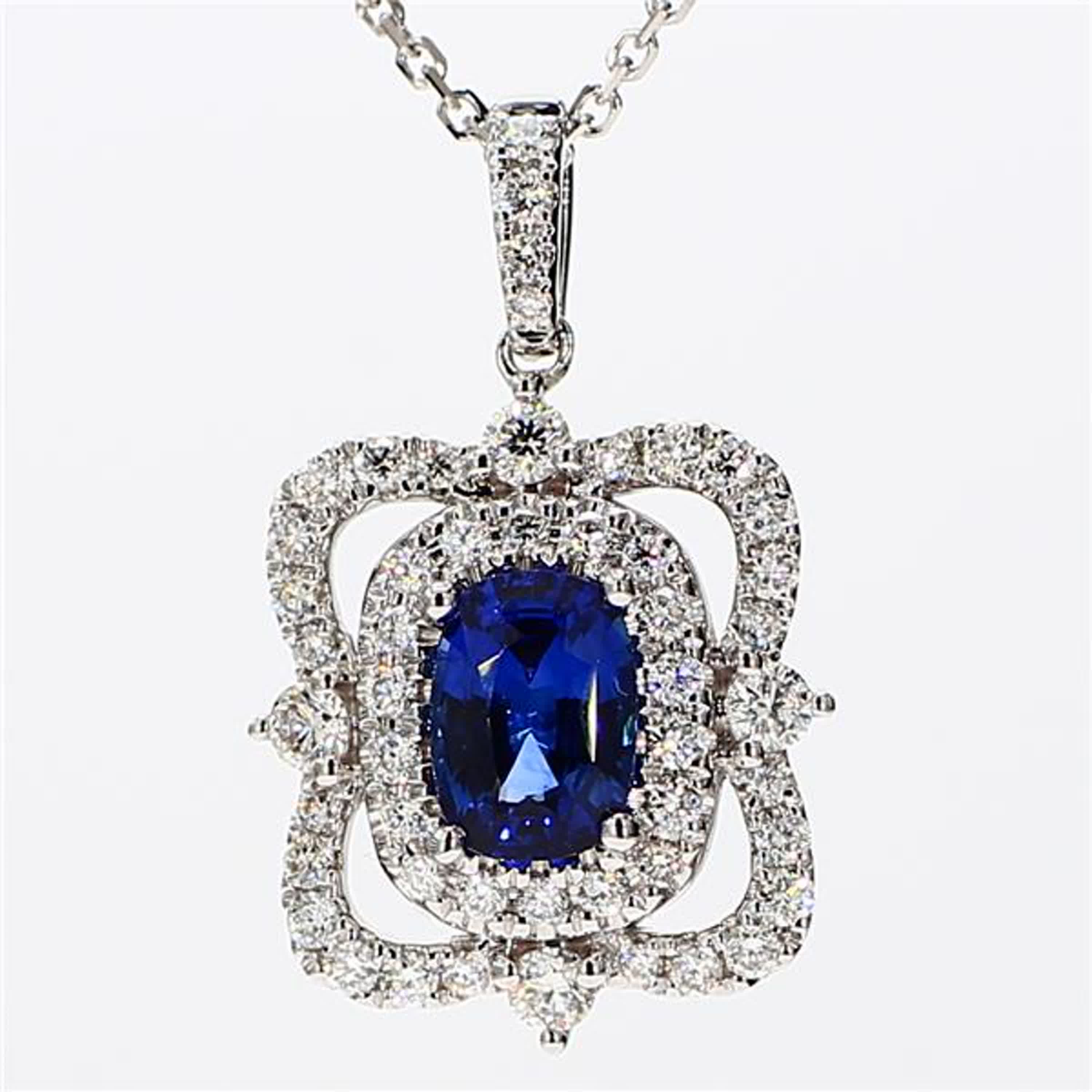Natural Blue Cushion Sapphire and White Diamond 1.62 Carat TW White Gold Pendant