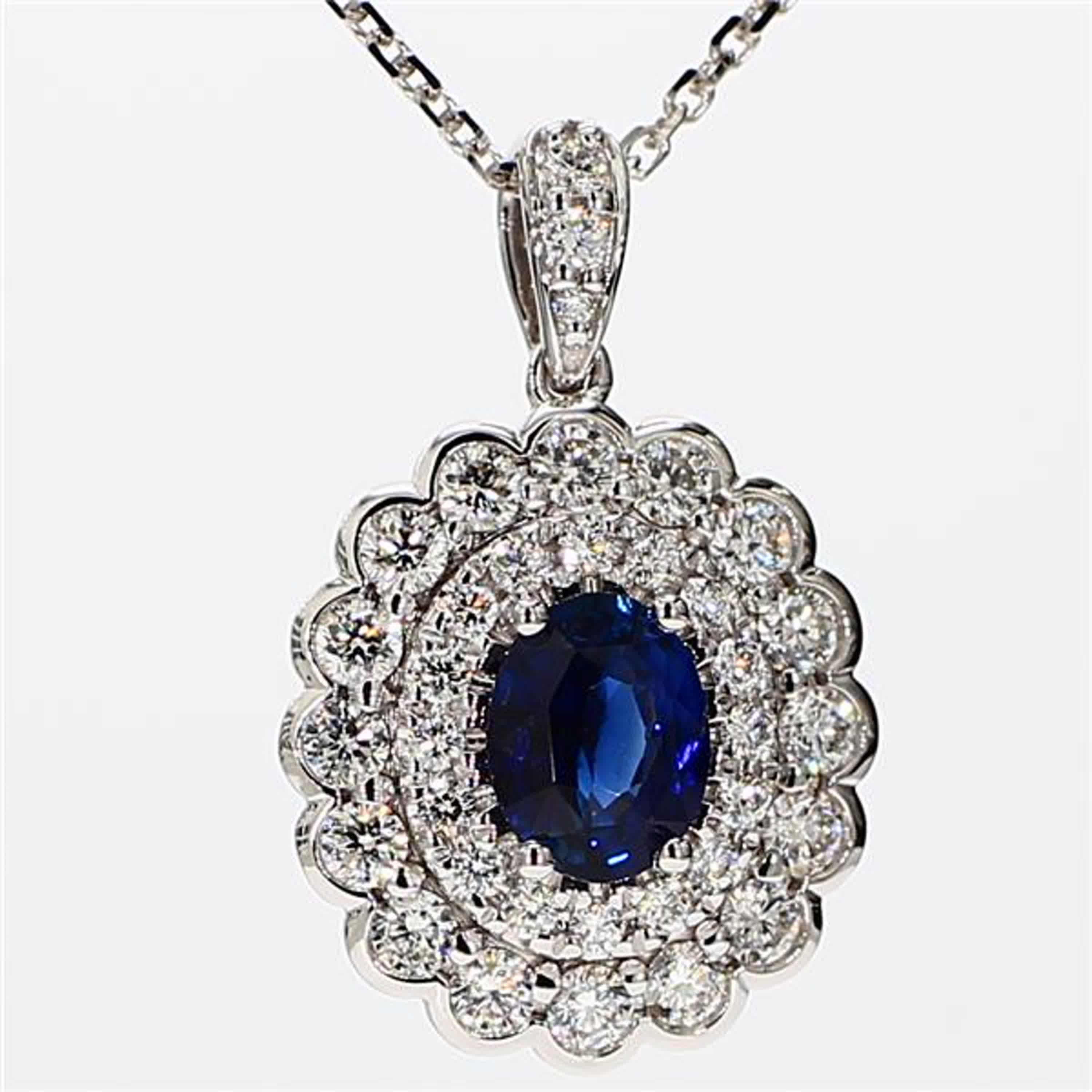 Natural Blue Oval Sapphire and White Diamond 1.66 Carat TW White Gold Pendant