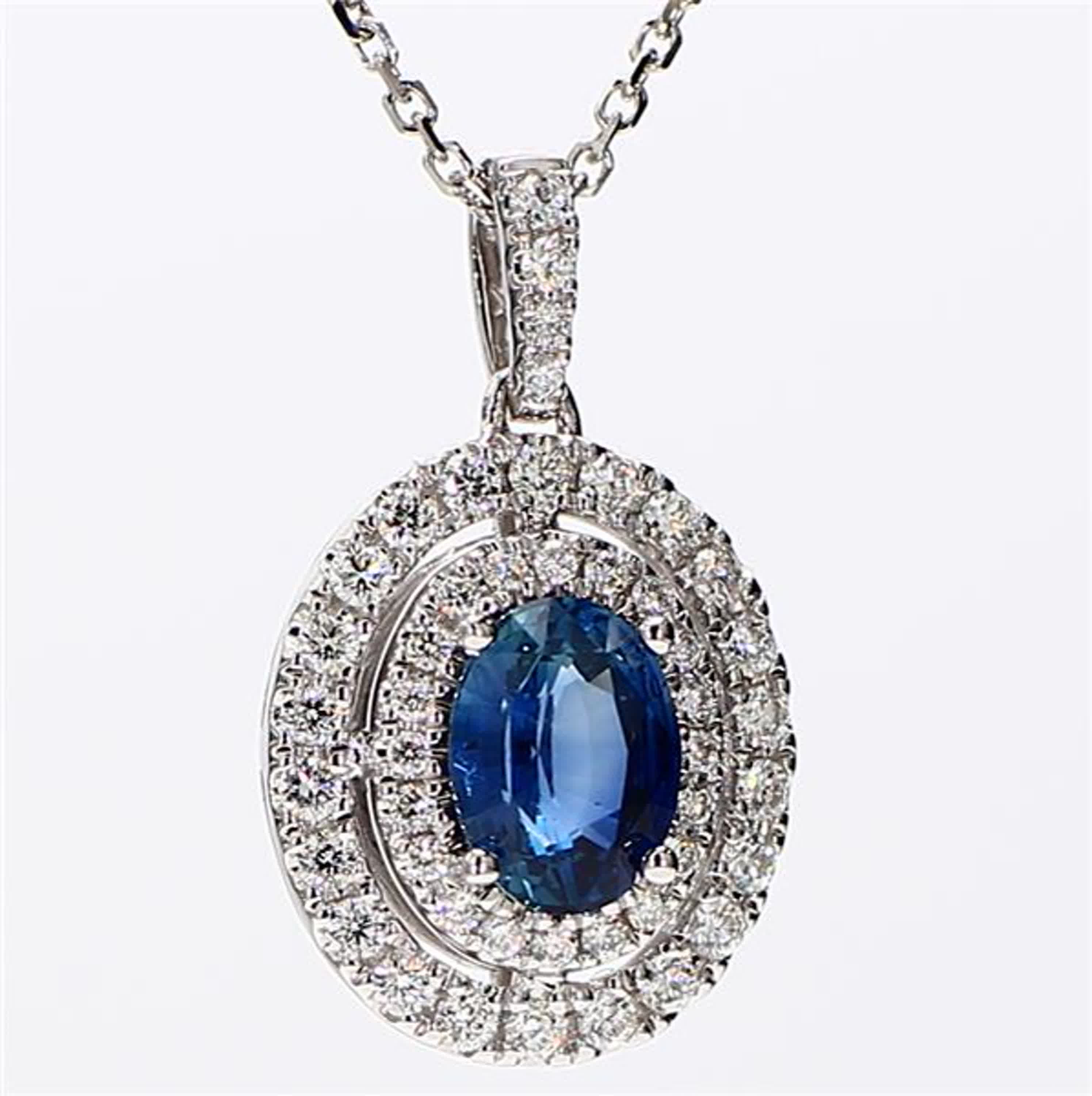 Natural Blue Oval Sapphire and White Diamond 1.58 Carat TW White Gold Pendant