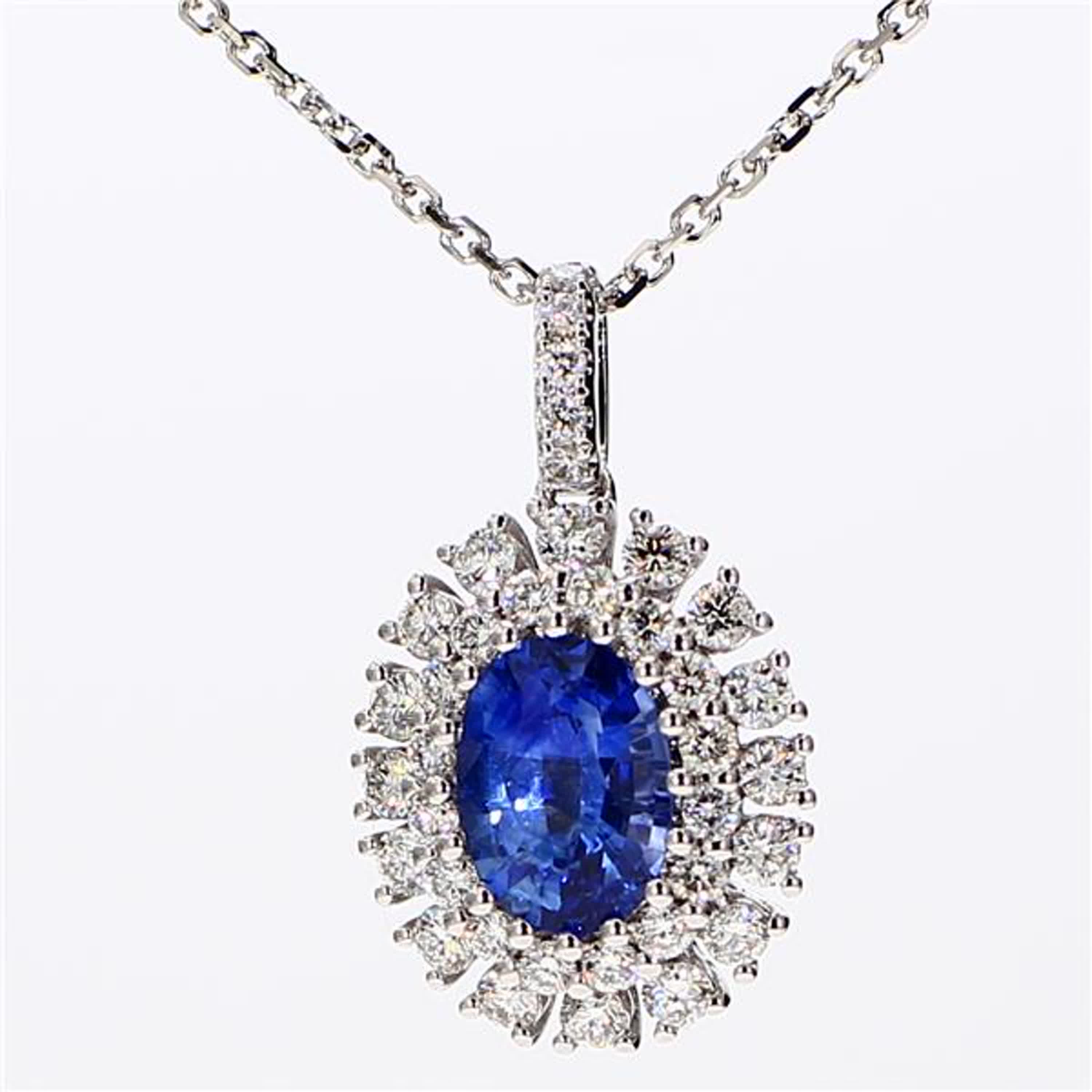 Natural Blue Oval Sapphire and White Diamond 1.86 Carat TW White Gold Pendant