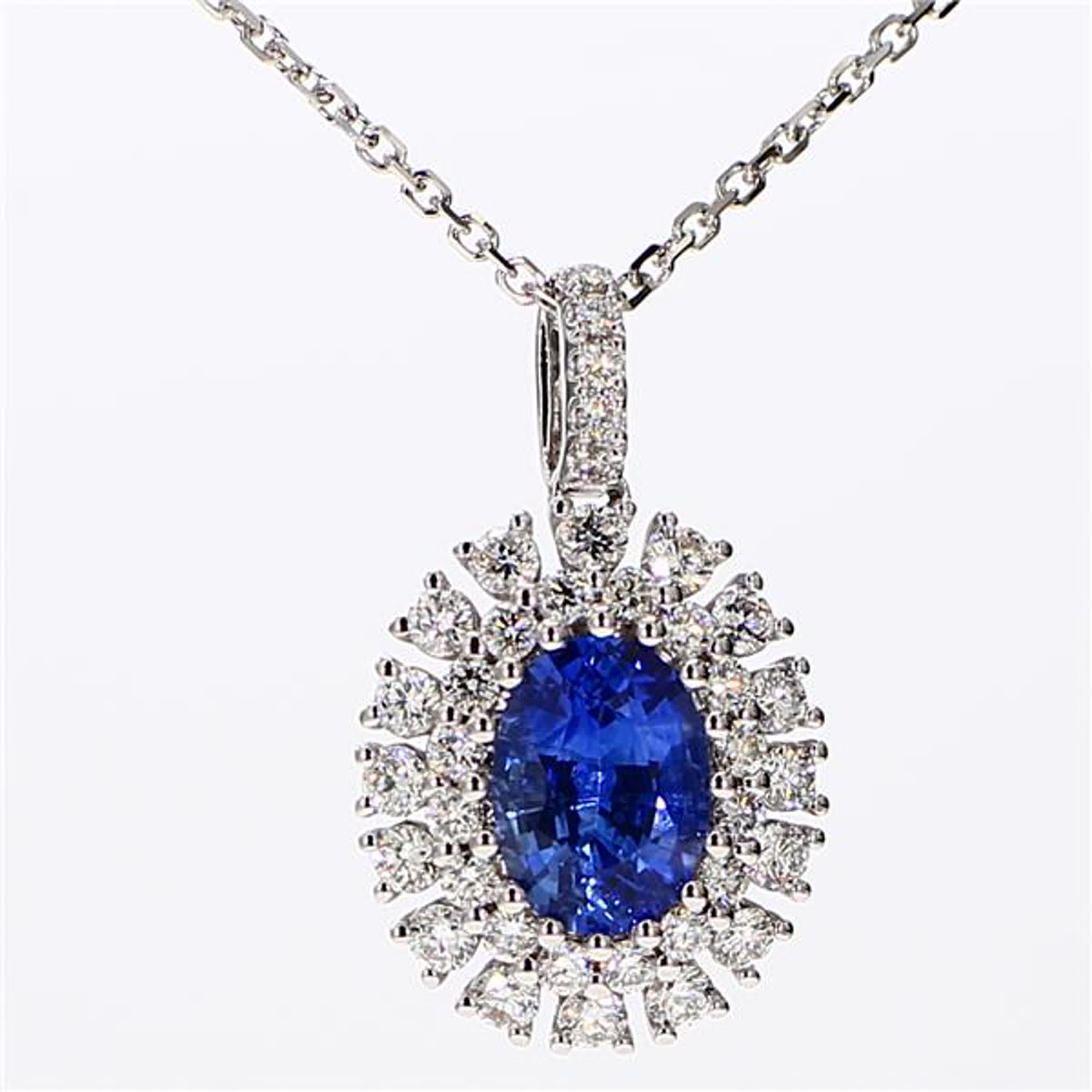 Natural Blue Oval Sapphire and White Diamond 1.86 Carat TW White Gold Pendant