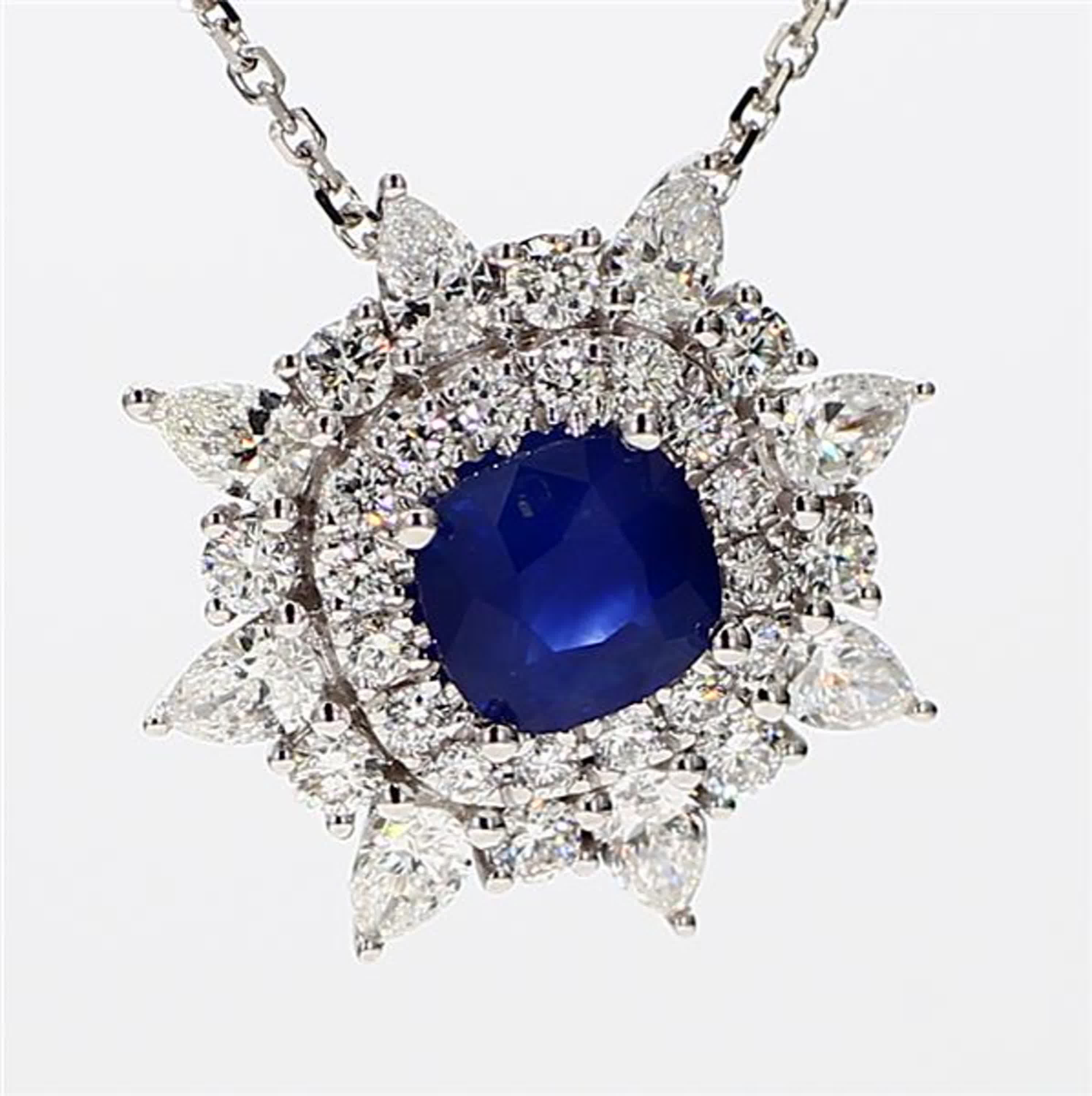 Natural Blue Cushion Sapphire and White Diamond 2.39 Carat TW White Gold Pendant