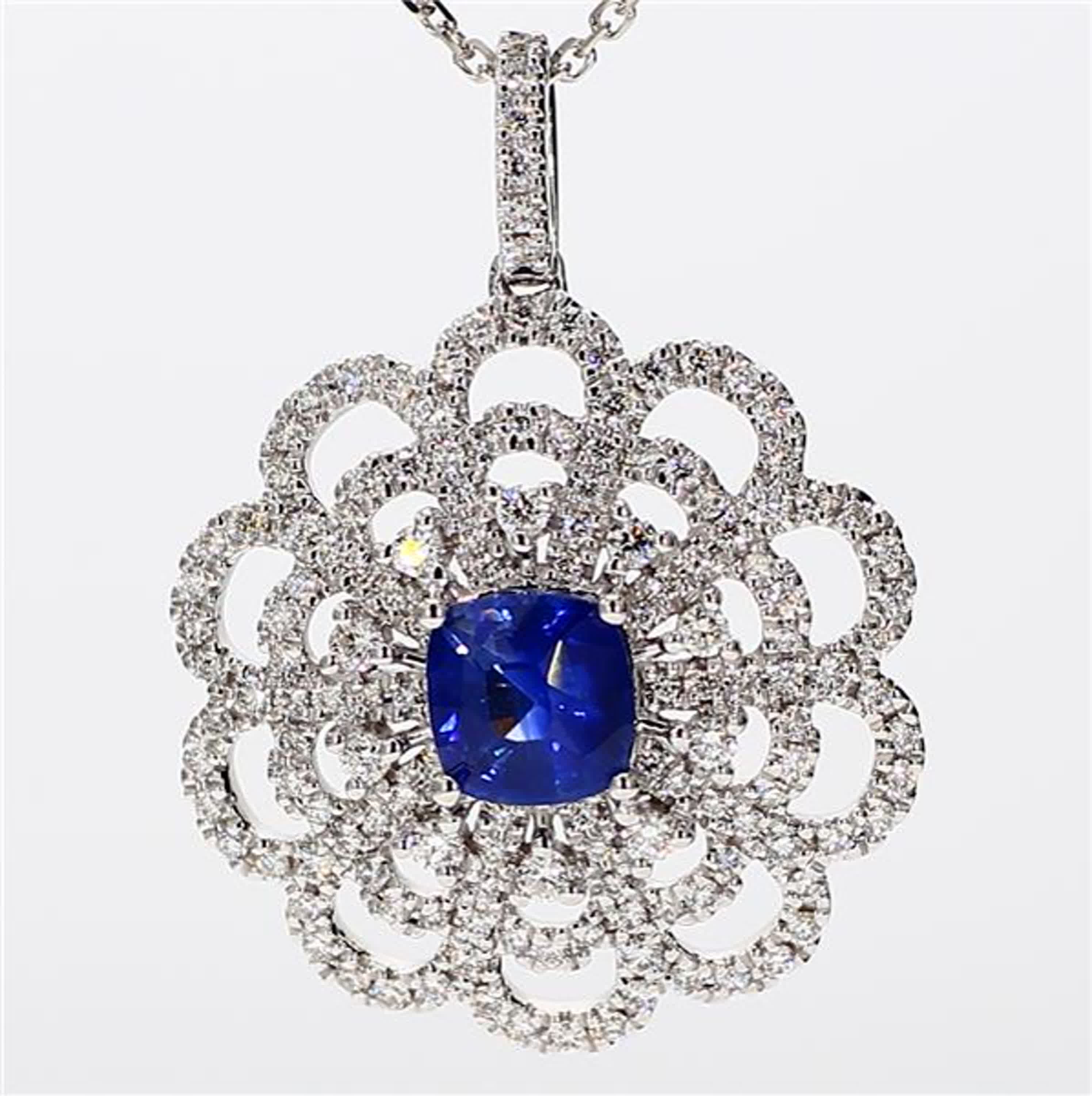 Natural Blue Cushion Sapphire and White Diamond 1.84 Carat TW White Gold Pendant