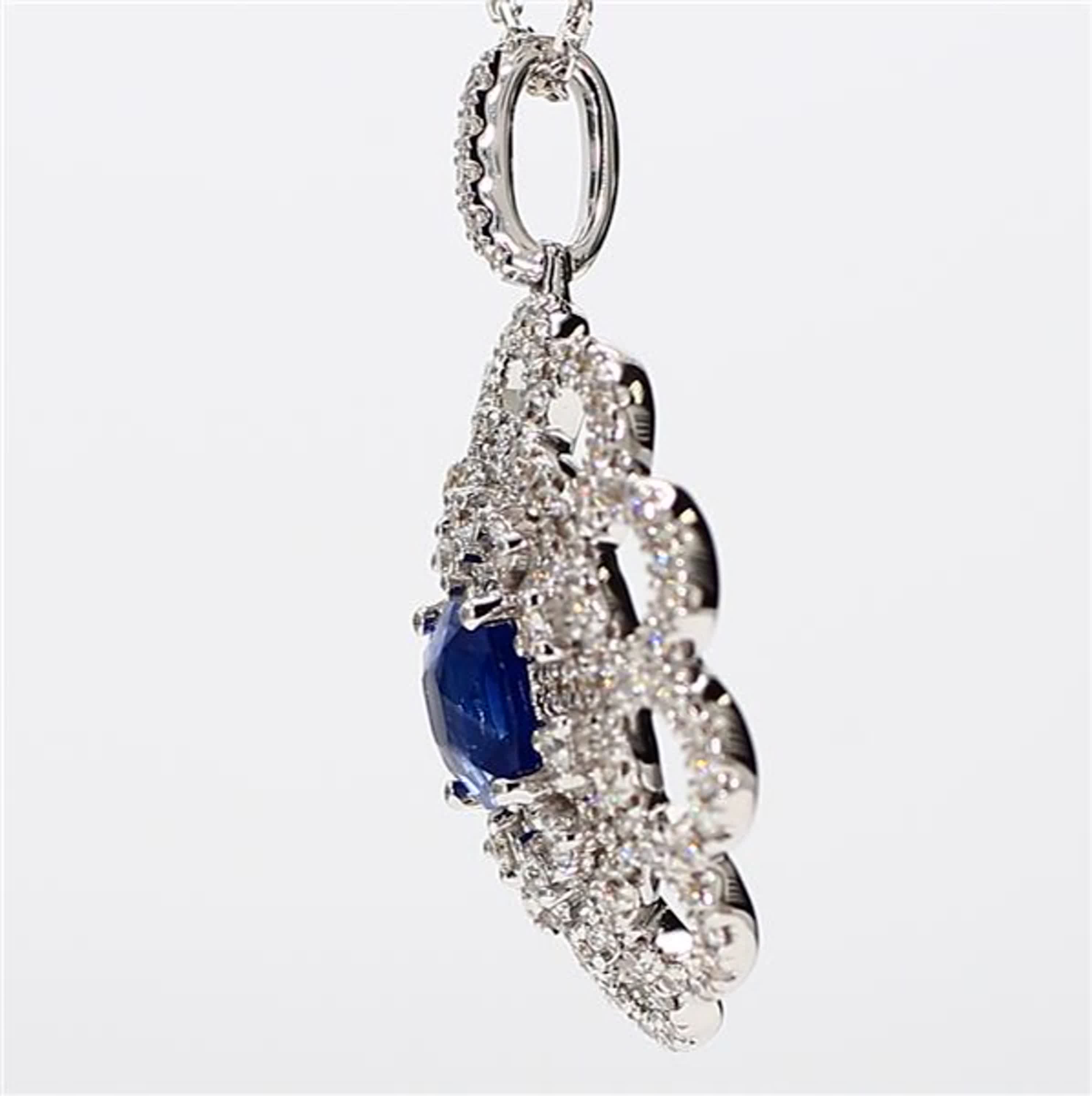 Natural Blue Cushion Sapphire and White Diamond 1.84 Carat TW White Gold Pendant
