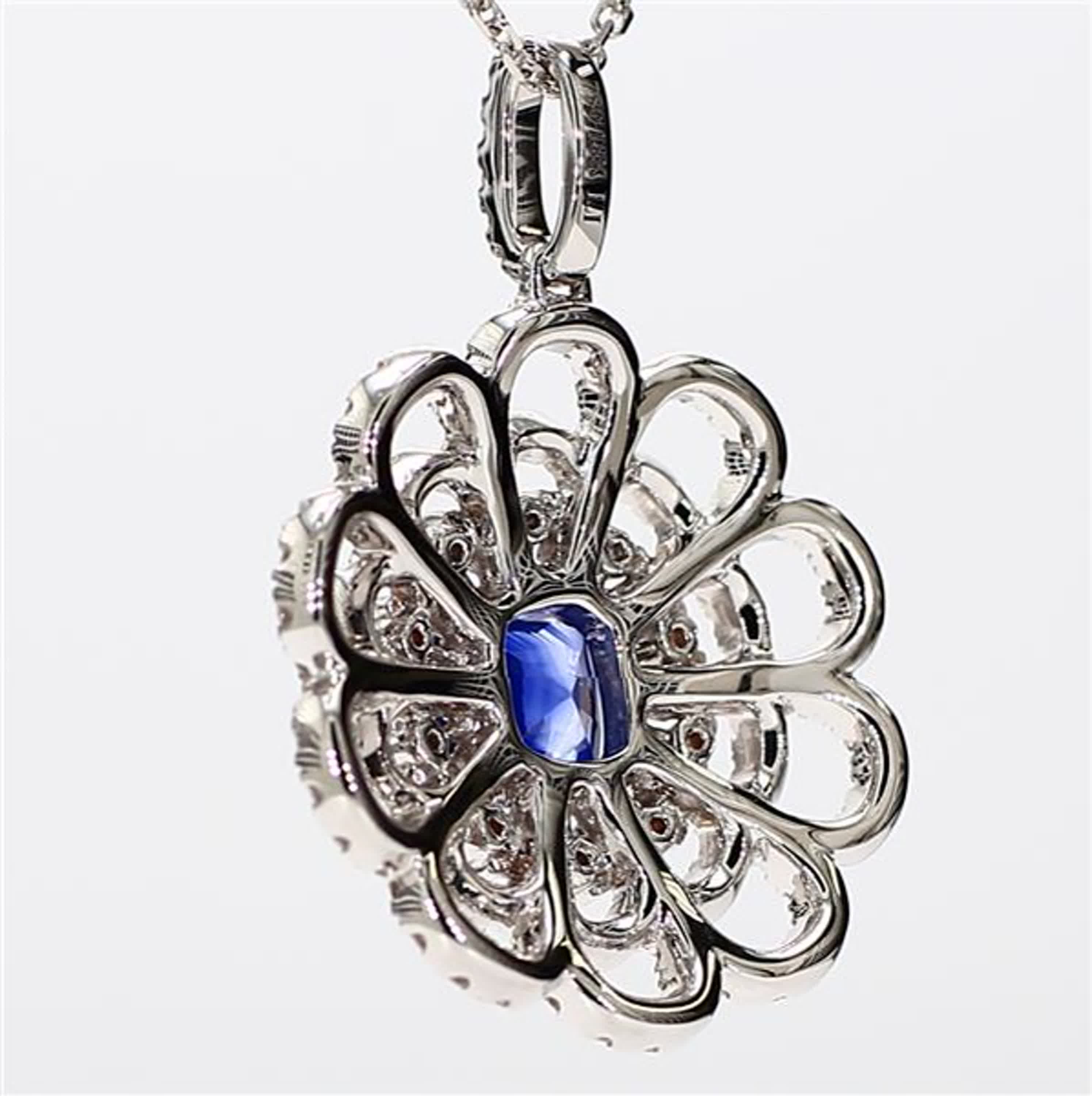 Natural Blue Cushion Sapphire and White Diamond 1.84 Carat TW White Gold Pendant
