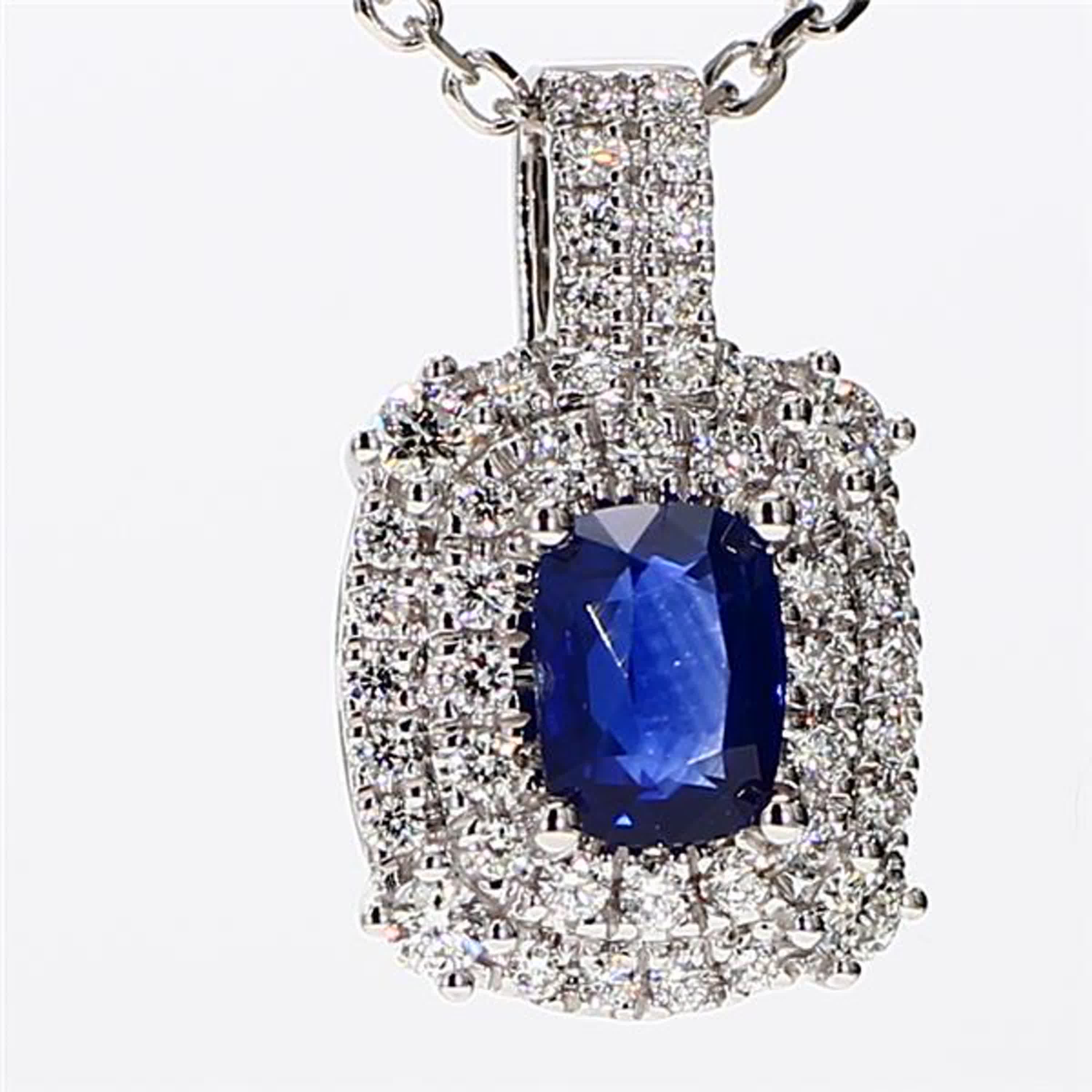 Natural Blue Cushion Sapphire and White Diamond 1.43 Carat TW White Gold Pendant