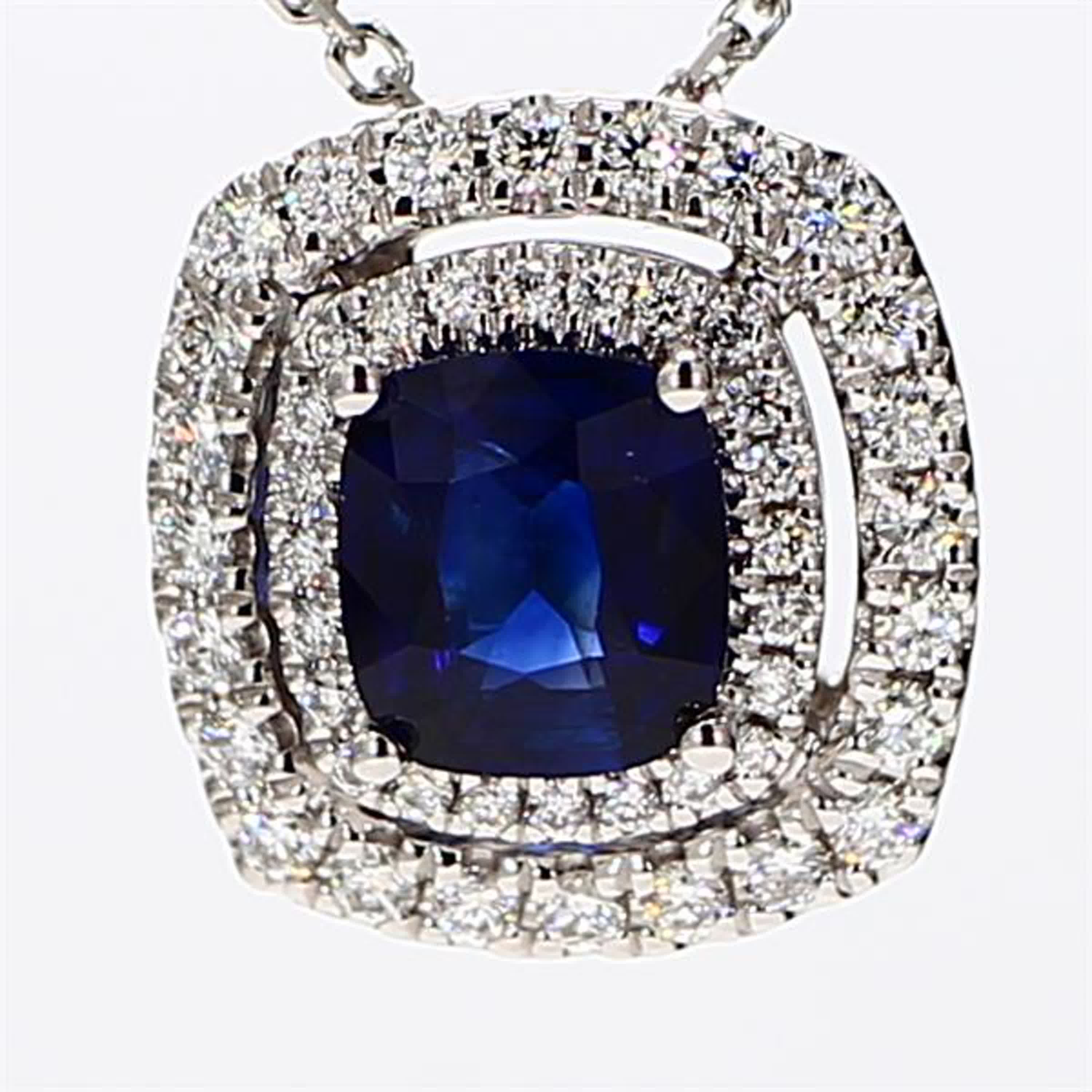 Natural Blue Cushion Sapphire and White Diamond 1.43 Carat TW White Gold Pendant