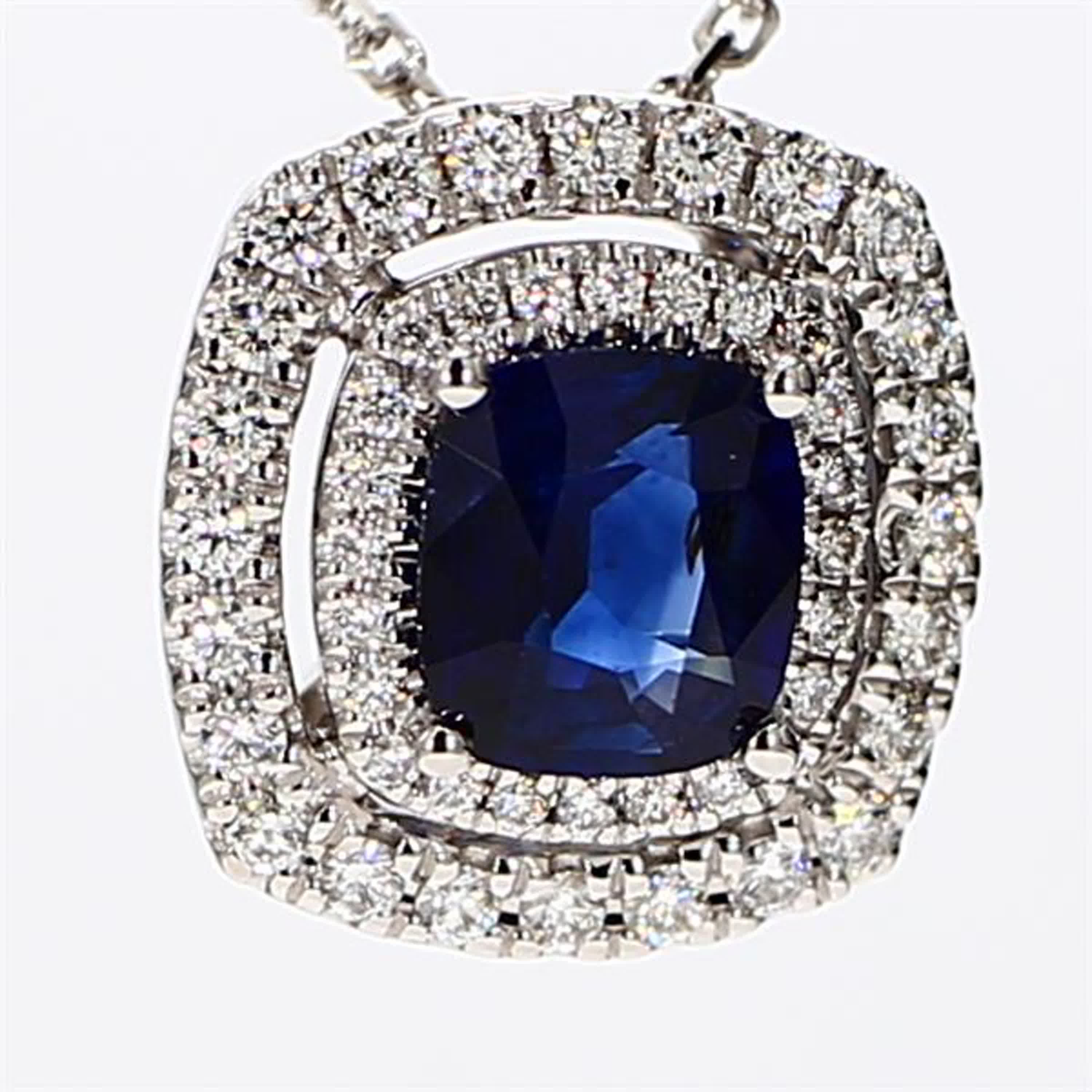 Natural Blue Cushion Sapphire and White Diamond 1.43 Carat TW White Gold Pendant