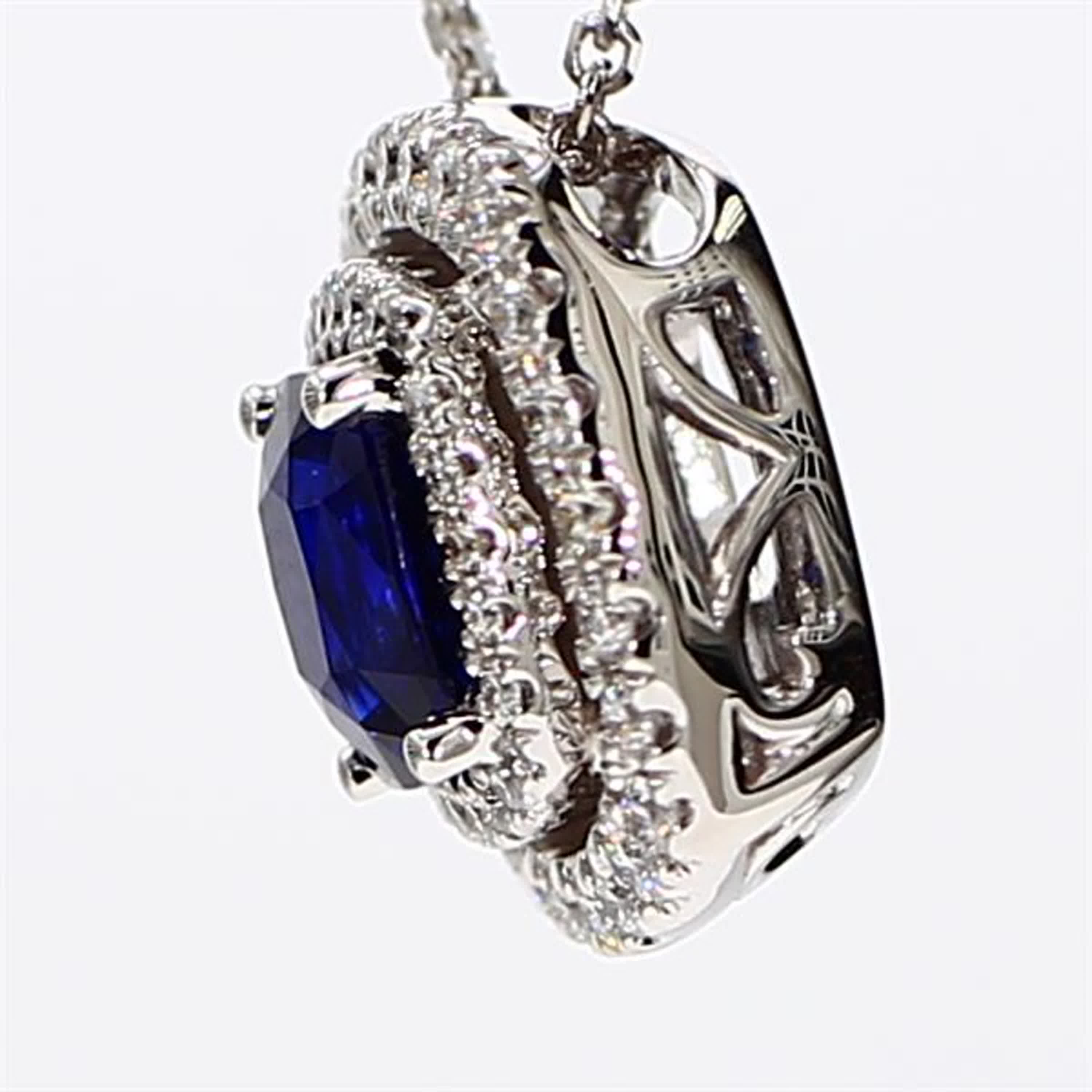 Natural Blue Cushion Sapphire and White Diamond 1.43 Carat TW White Gold Pendant