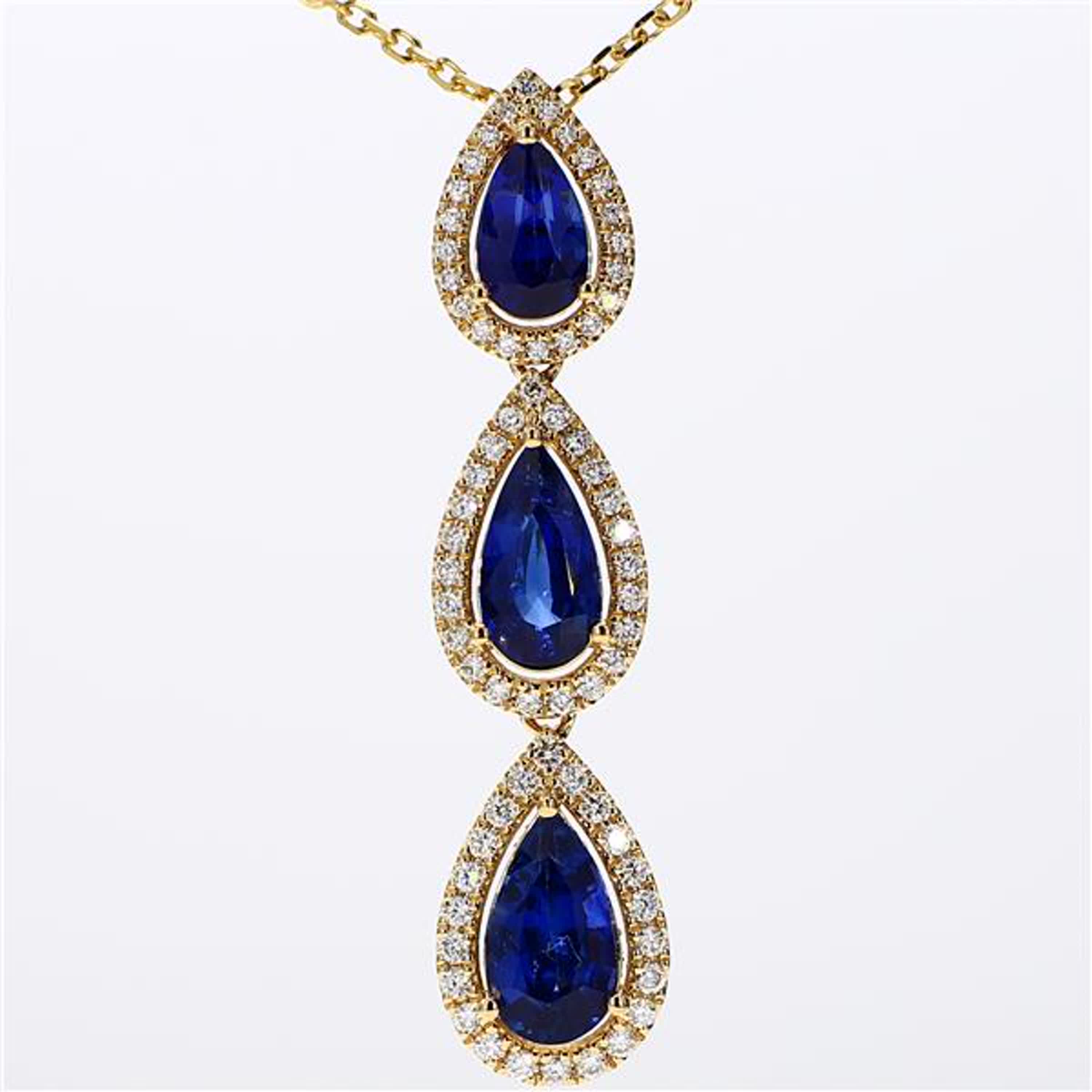 Natural Blue Pear Sapphire and White Diamond 4.16 Carat TW Yellow Gold Pendant