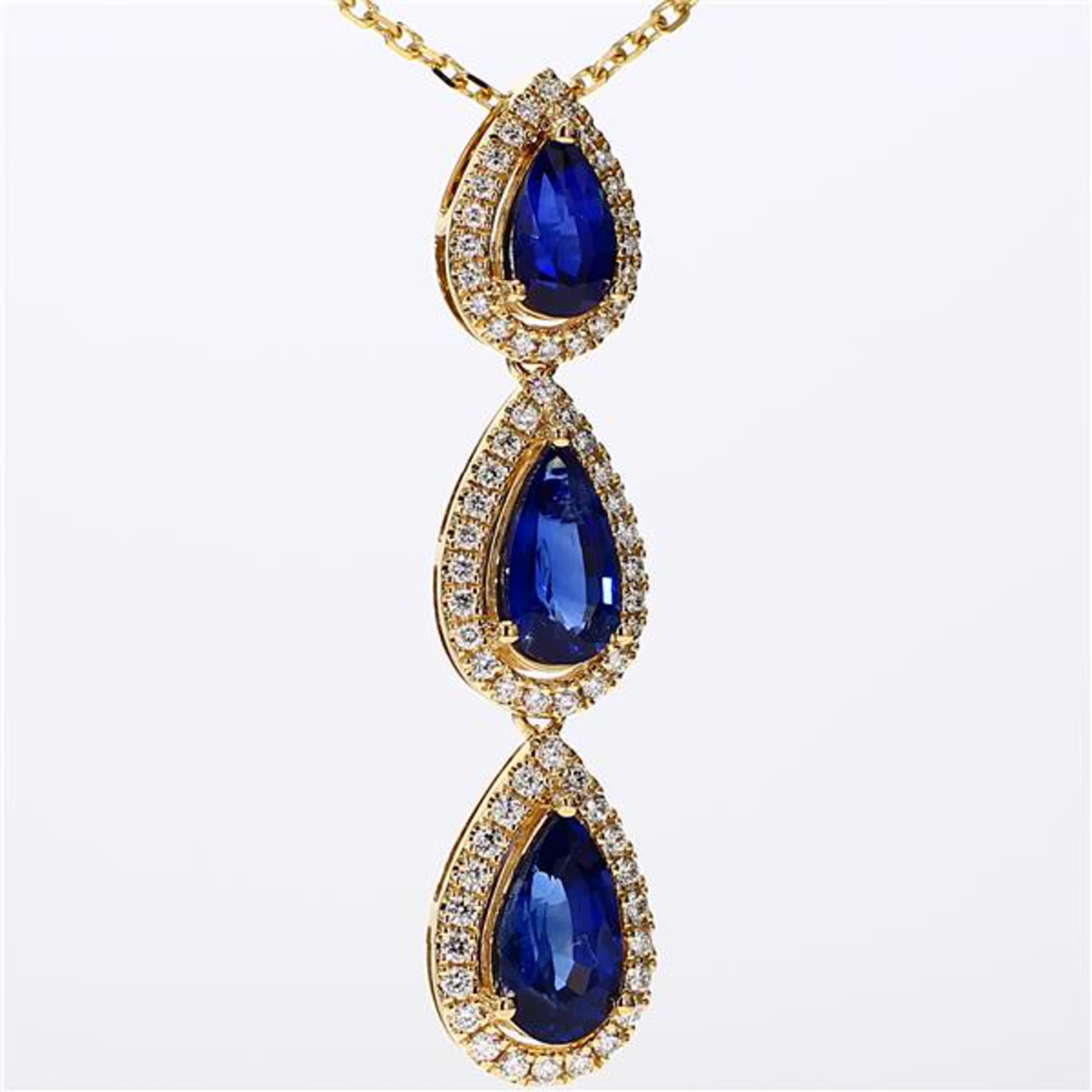 Natural Blue Pear Sapphire and White Diamond 4.16 Carat TW Yellow Gold Pendant