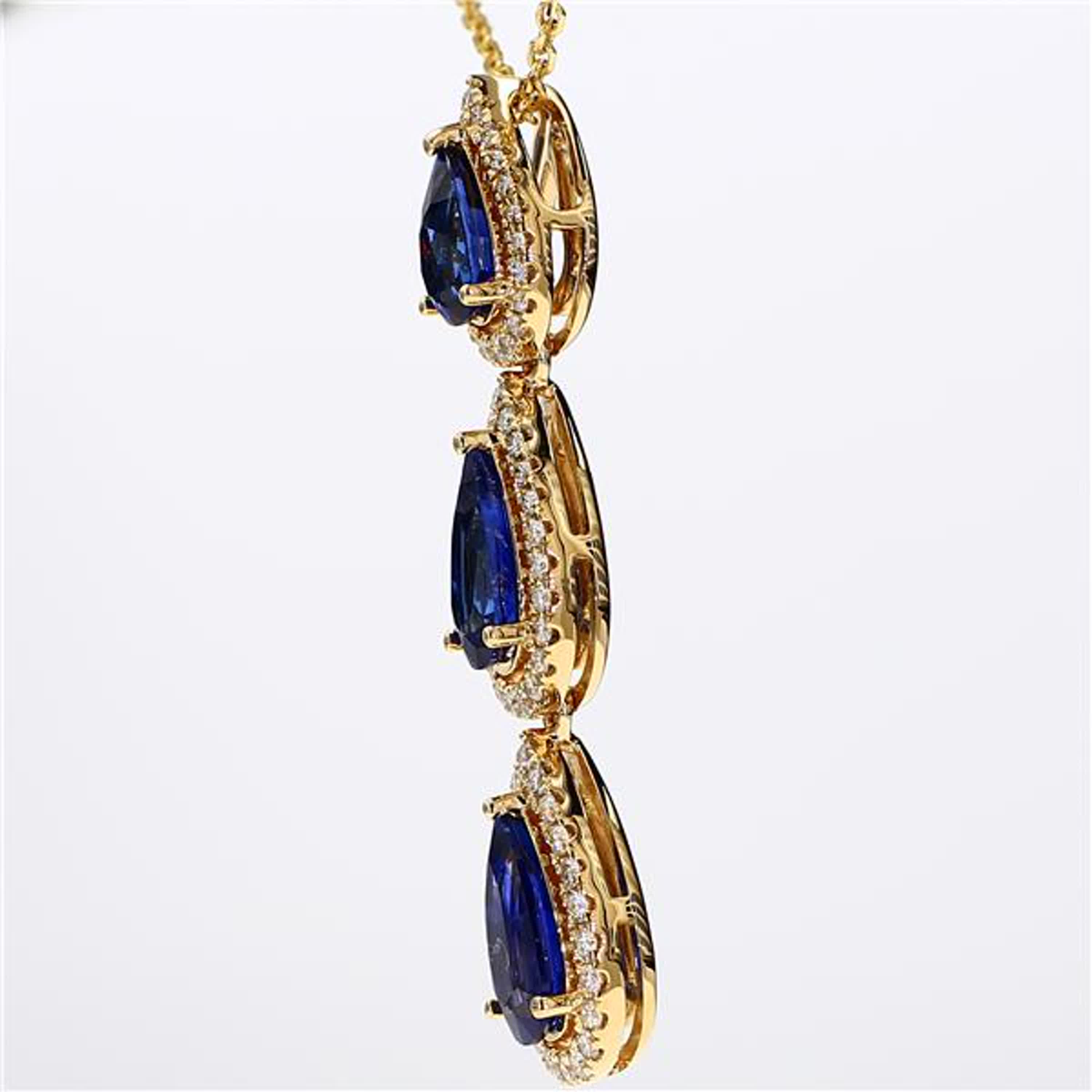 Natural Blue Pear Sapphire and White Diamond 4.16 Carat TW Yellow Gold Pendant