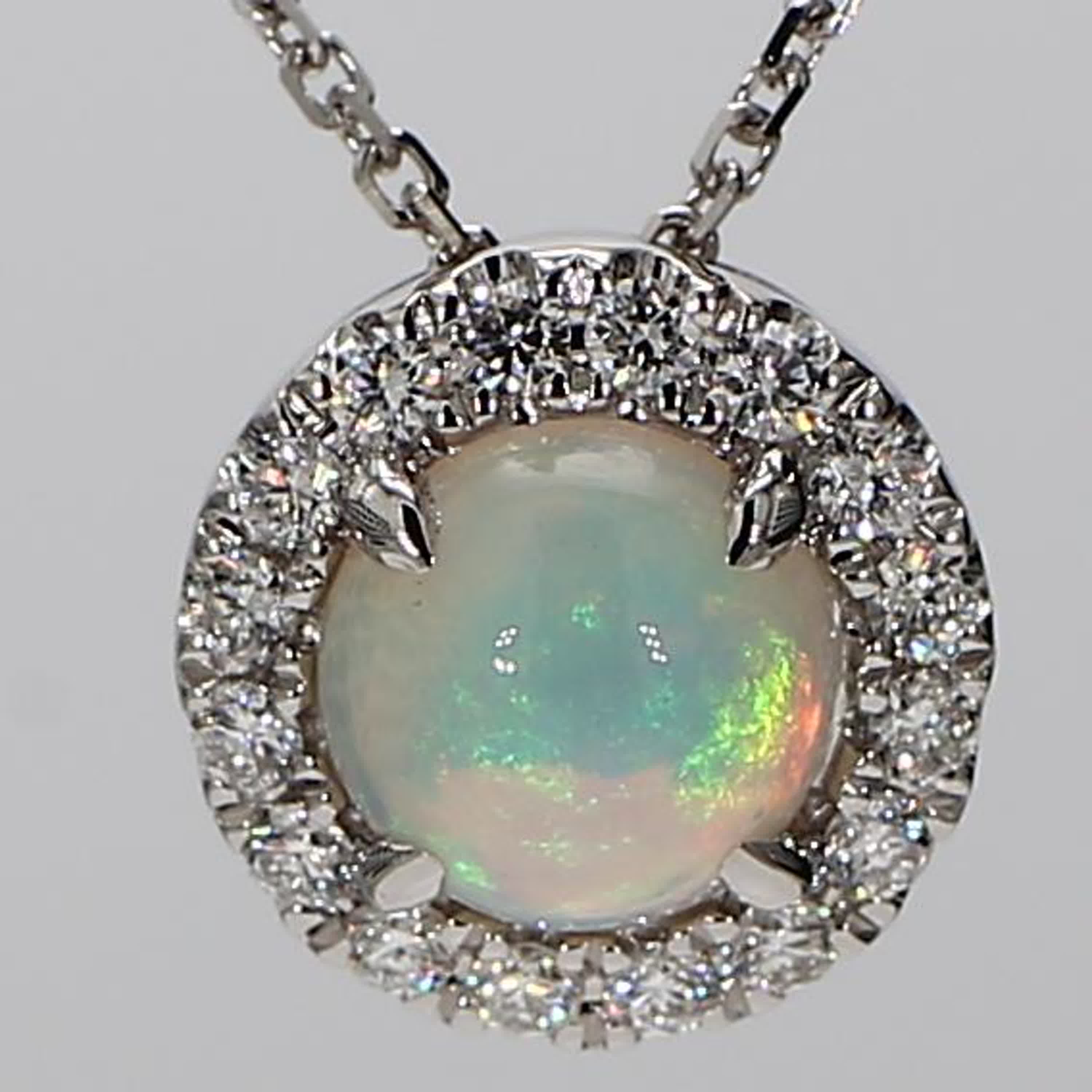 Natural Round Opal and White Diamond 1.16 Carat TW White Gold Drop Pendant