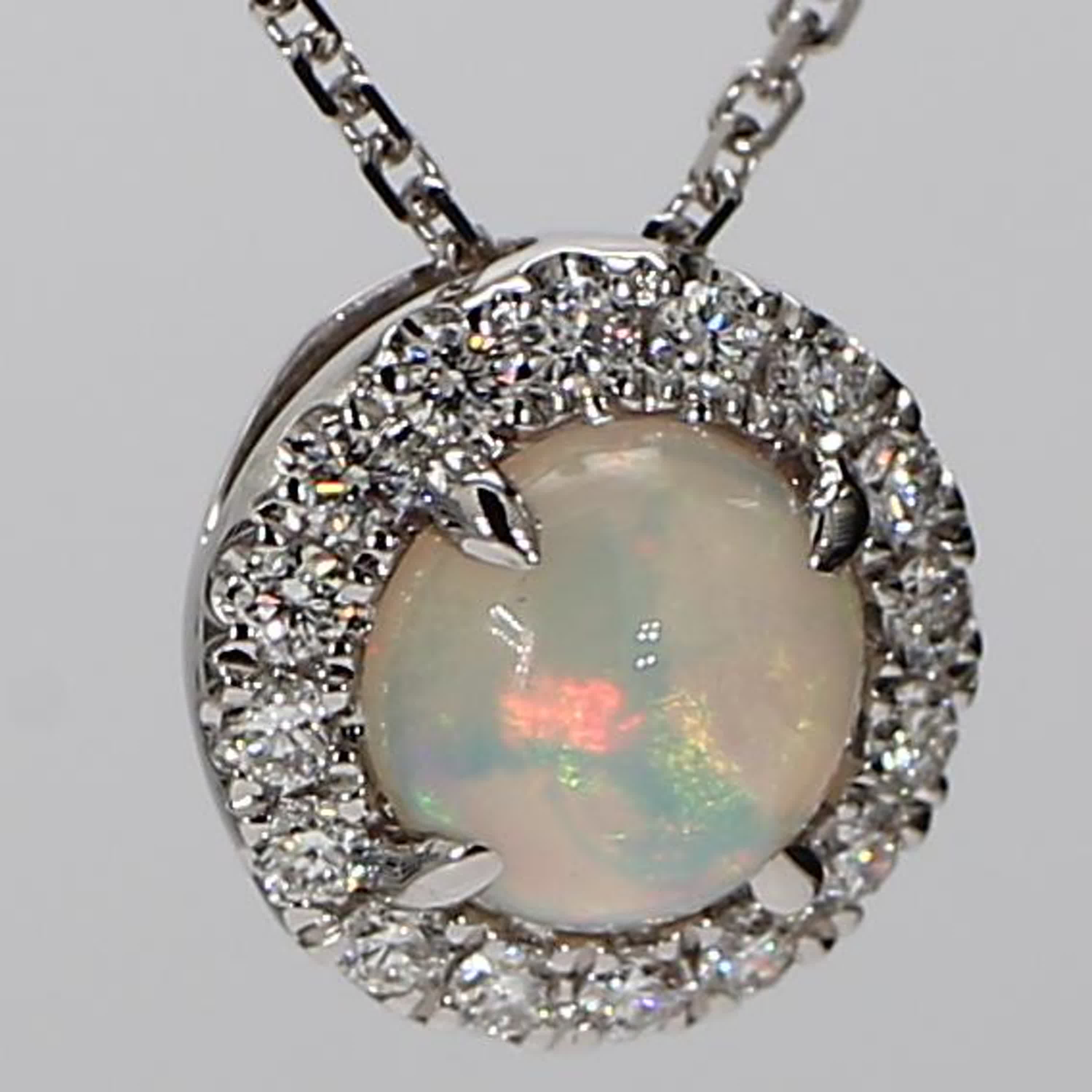 Natural Round Opal and White Diamond 1.16 Carat TW White Gold Drop Pendant