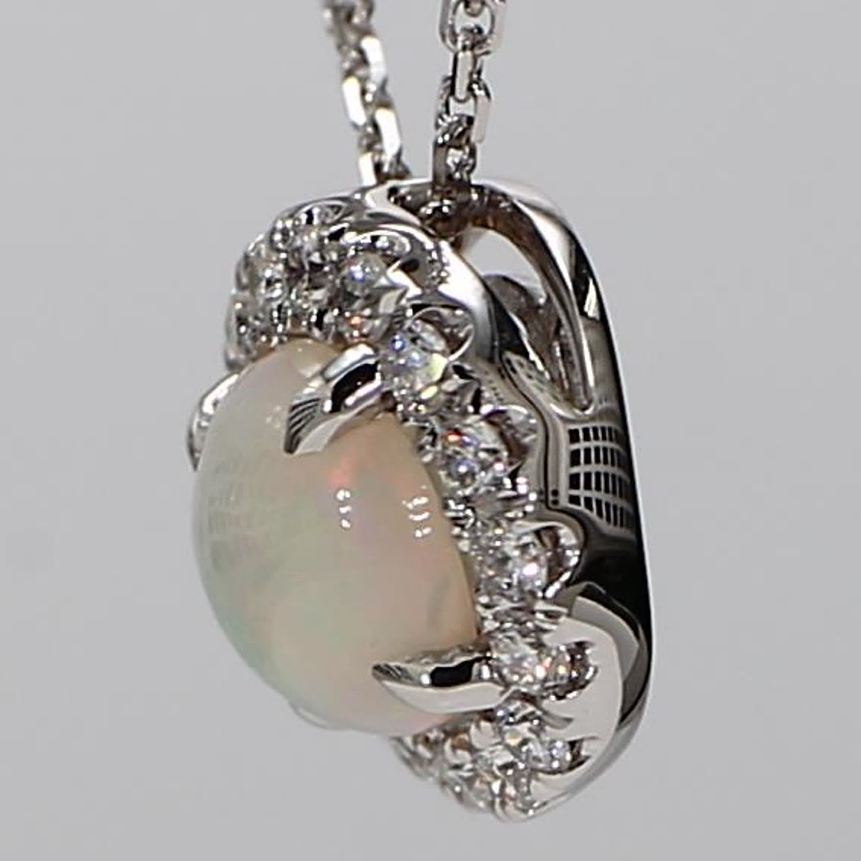 Natural Round Opal and White Diamond 1.16 Carat TW White Gold Drop Pendant