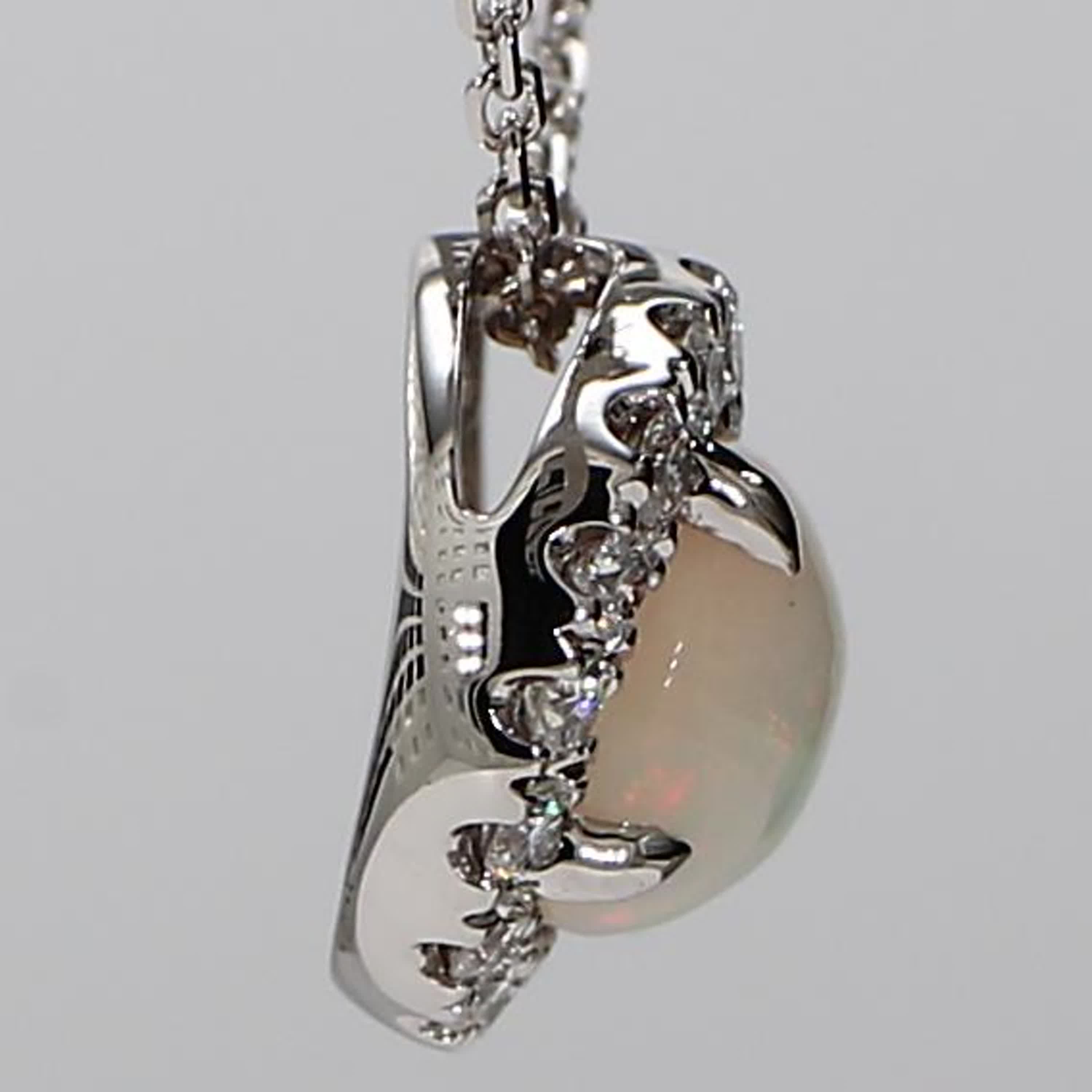 Natural Round Opal and White Diamond 1.16 Carat TW White Gold Drop Pendant