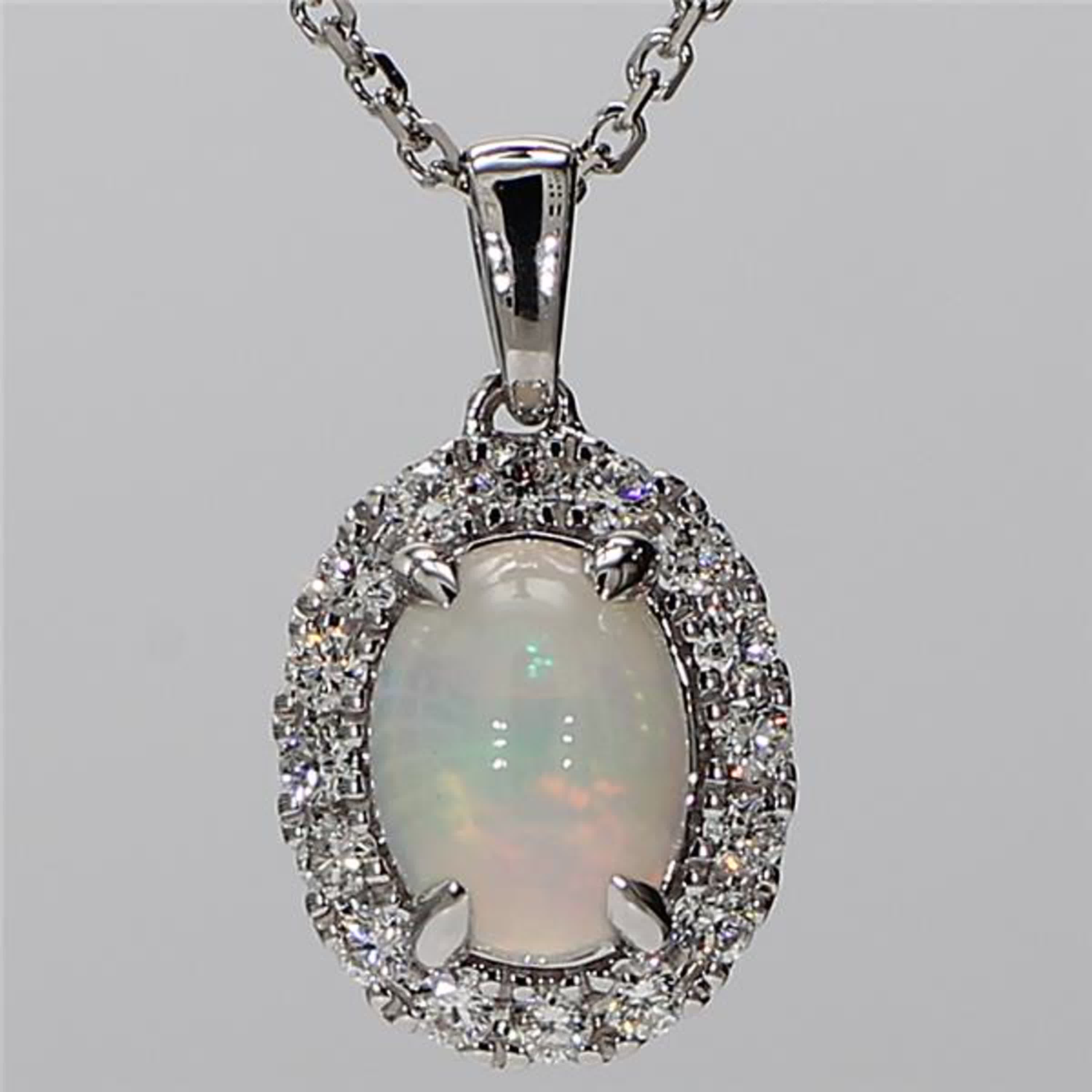 Natural Oval Opal and White Diamond 1.08 Carat TW White Gold Drop Pendant
