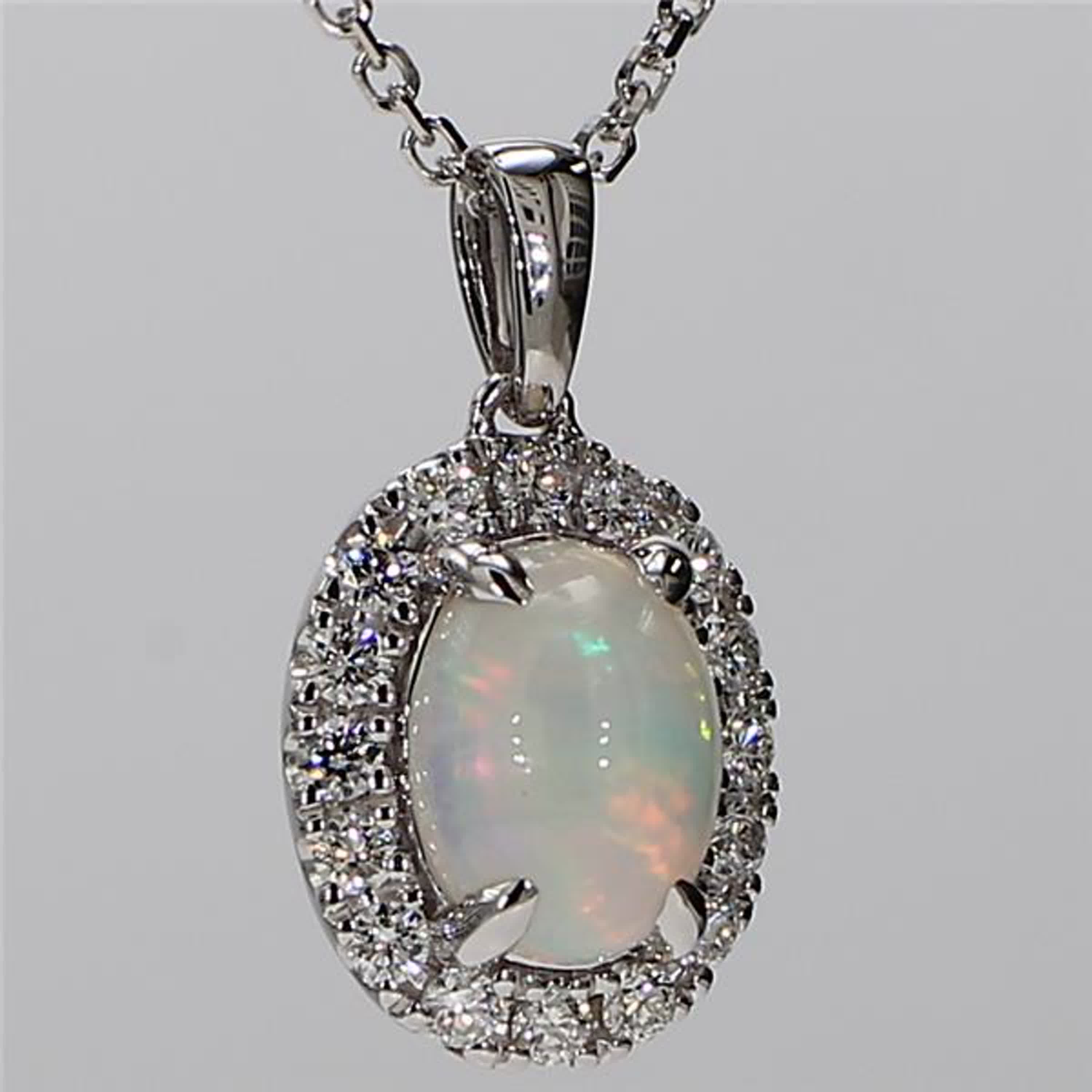 Natural Oval Opal and White Diamond 1.08 Carat TW White Gold Drop Pendant