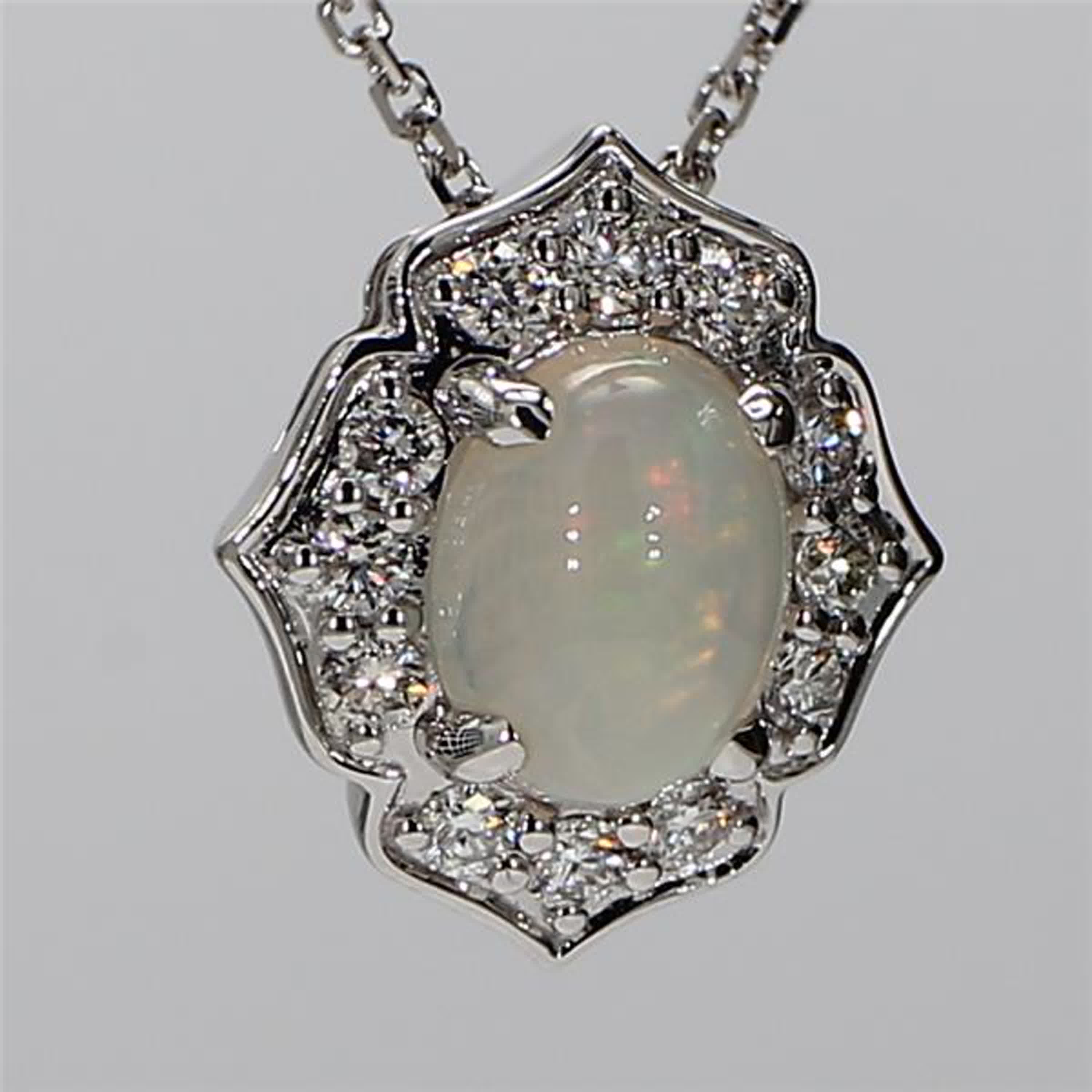 Natural Oval Opal and White Diamond 1.14 Carat TW White Gold Drop Pendant
