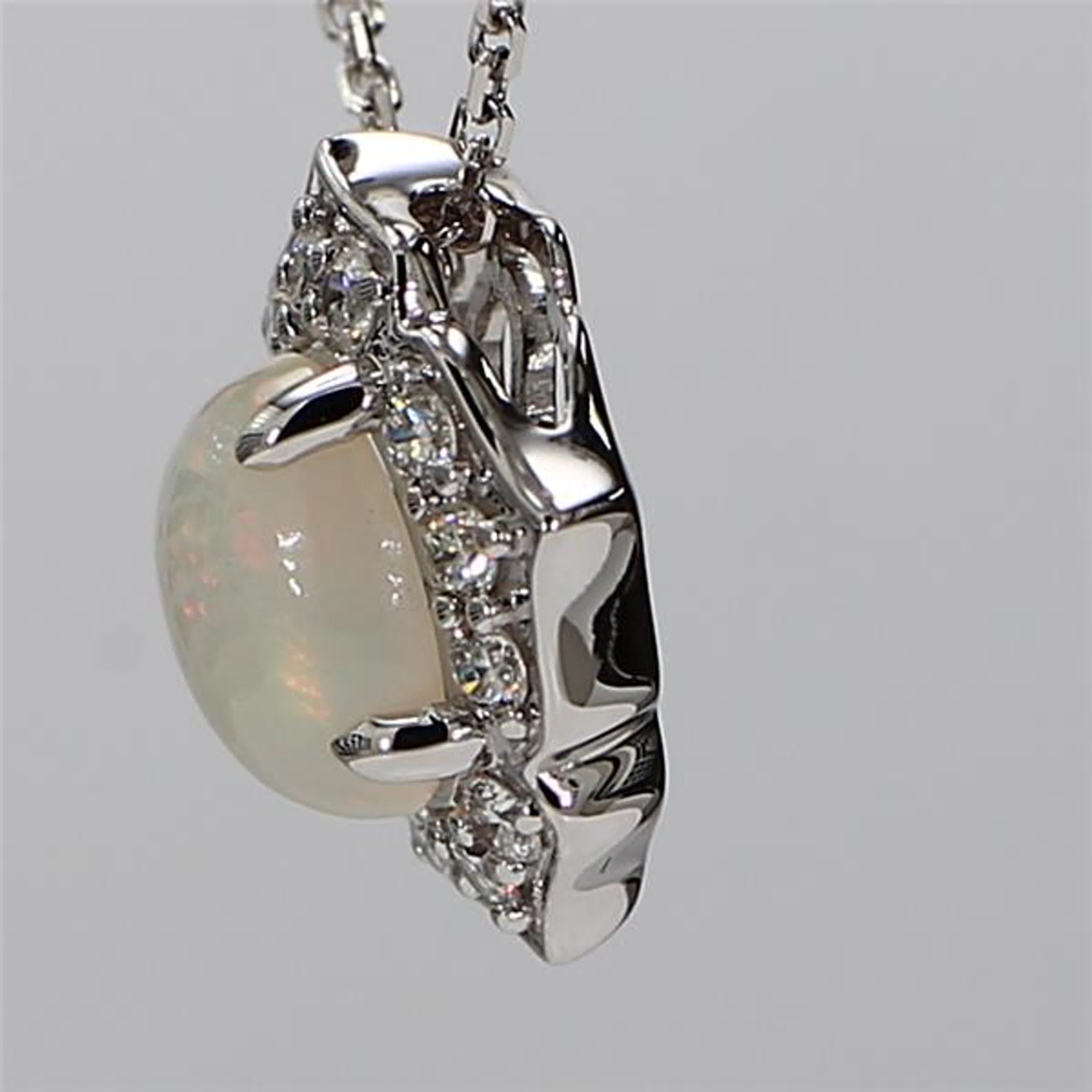 Natural Oval Opal and White Diamond 1.14 Carat TW White Gold Drop Pendant
