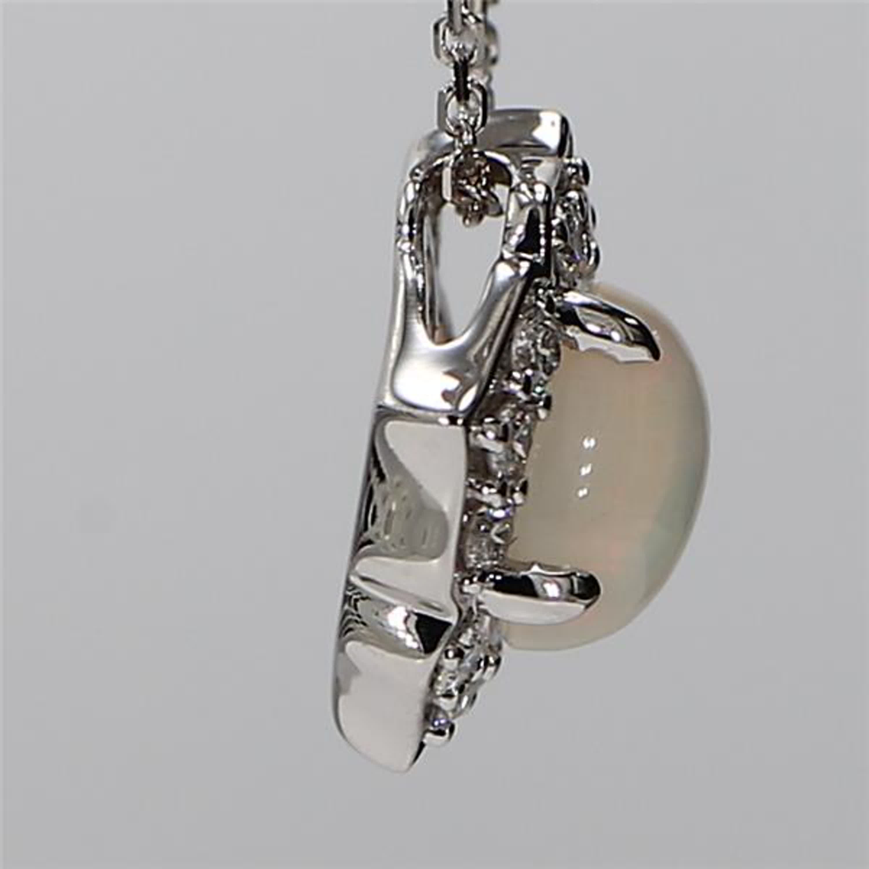Natural Oval Opal and White Diamond 1.14 Carat TW White Gold Drop Pendant