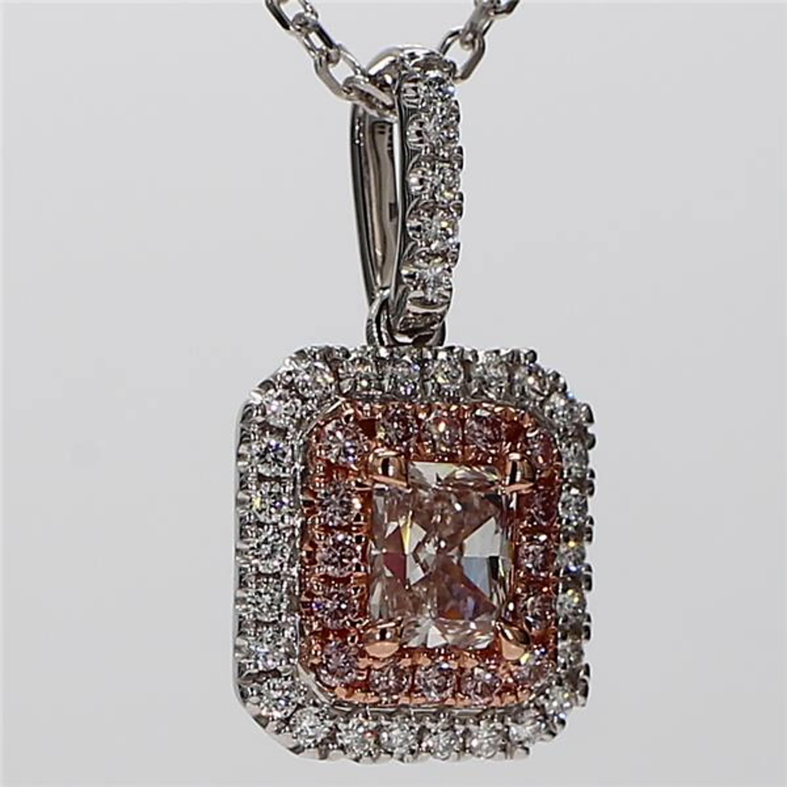GIA Certified Natural Pink Radiant and White Diamond 1.09 Carat TW Gold Pendant