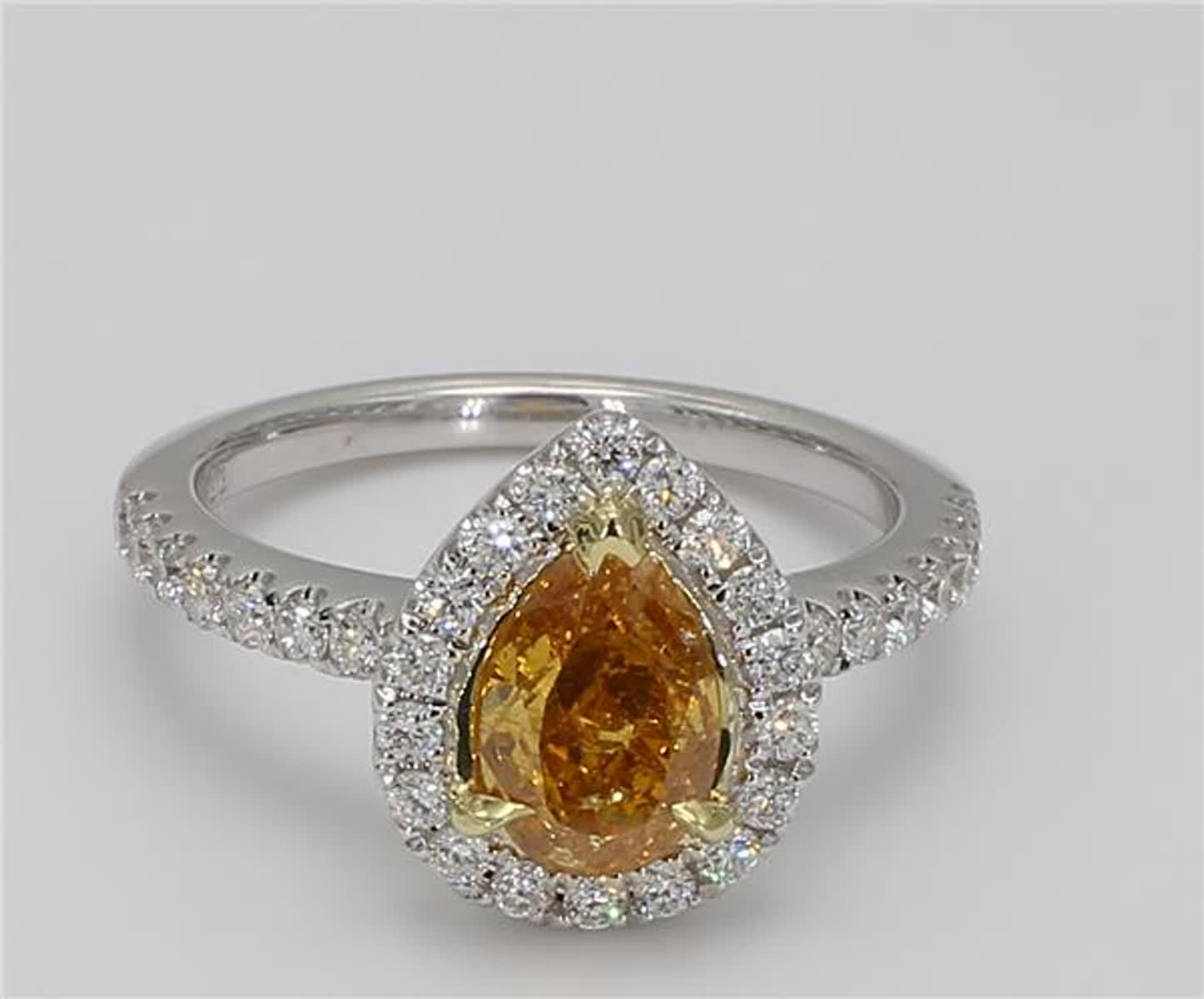 GIA Certified Natural Orange Pear and White Diamond 1.44 Carat TW Gold Ring