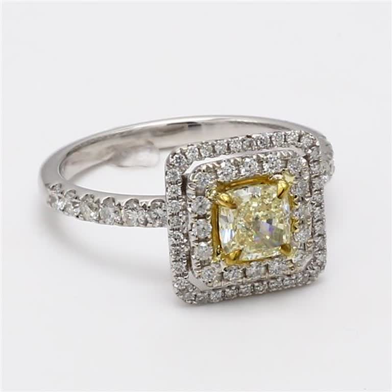 Natural Yellow Cushion and White Diamond 1.36 Carat TW White Gold Cocktail Ring