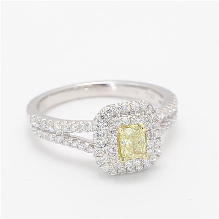 GIA Certified Natural Yellow Cushion and White Diamond .73 Carat TW Gold Ring