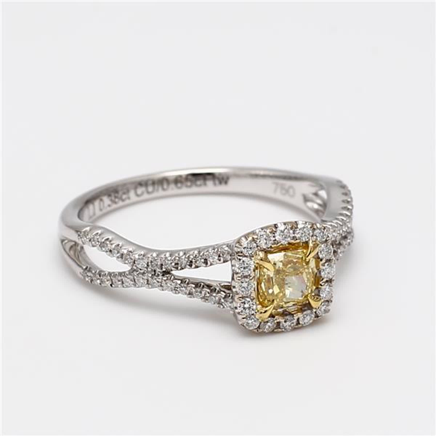 GIA Certified Natural Yellow Cushion and White Diamond .65 Carat TW Gold Ring