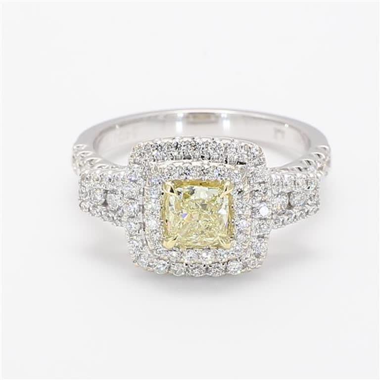 Natural Yellow Cushion and White Diamond 1.18 Carat TW Gold Cocktail Ring
